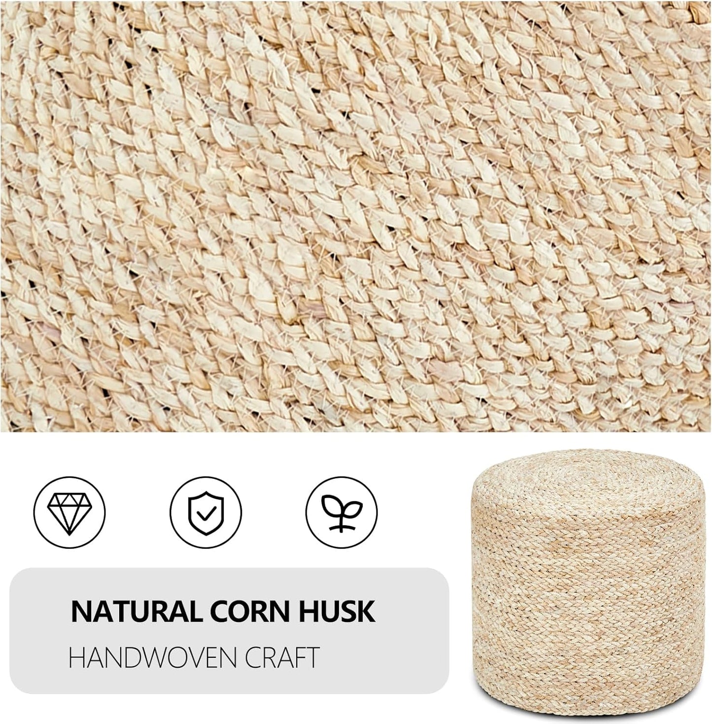 Wimarsbon 18'' Ottoman Pouf, Natural Braided Poof, Rustic Handweave Lounge Pouffe, Boho Footrest Stool for Bedroom, Accent Table or Seat for Living Room (Natural Corn Husk)