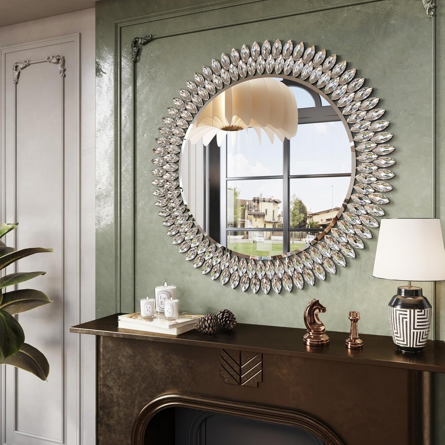 Kelly Miller Round Jeweled Mirror for Wall Decor, 32 in Modern Decorative Wall Mirror with Luxury Diamonds Beveled Vanity Mirror for Bedroom, Living Room, Bathroom, Hallway, Entryway, Fireplace