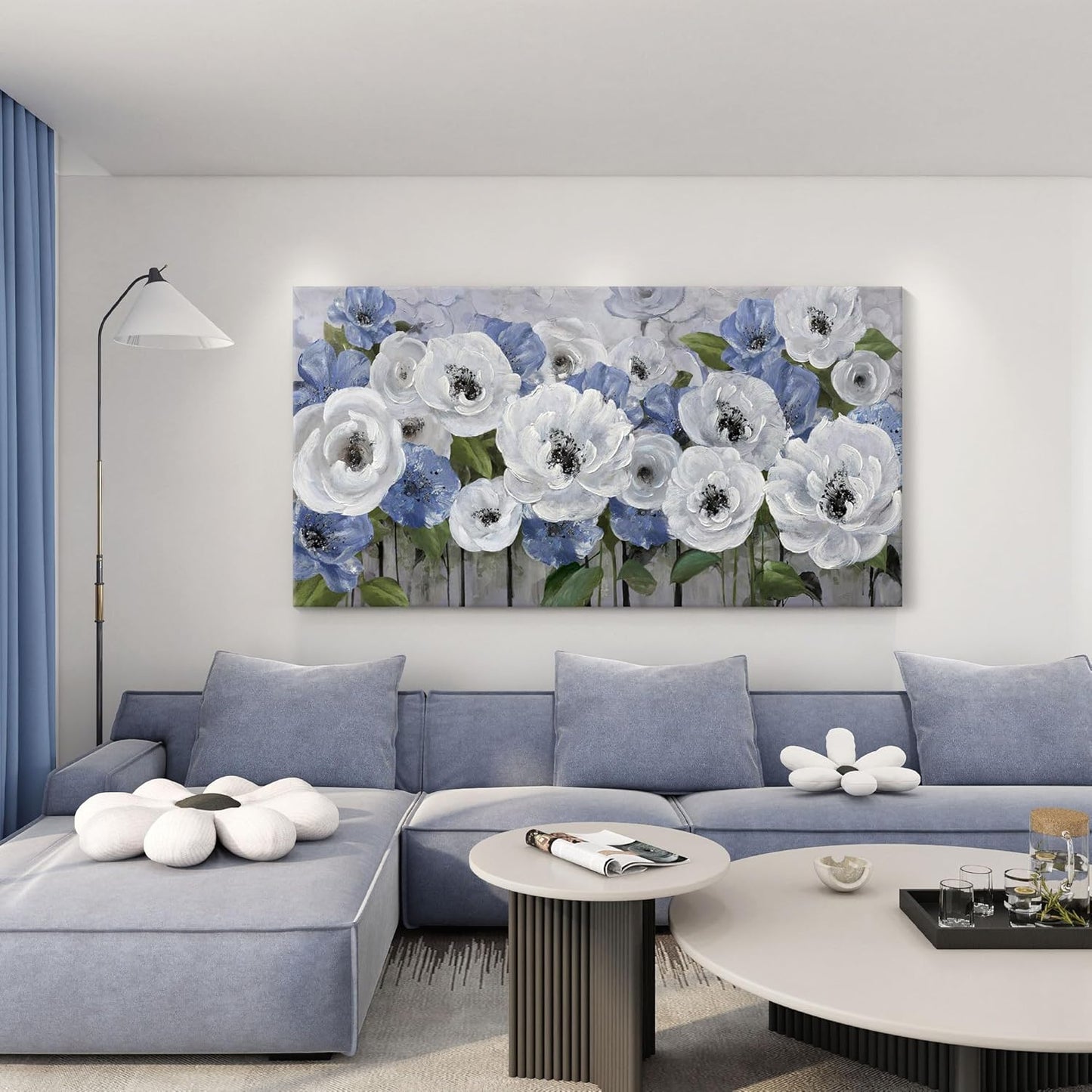 Large Canvas Wall Art for Living Room, Blue and White Textured Floral Wall Art, Flower Wall Pictures and Paintings, Nature and Landscape Artwork, Bedroom Wall Decor