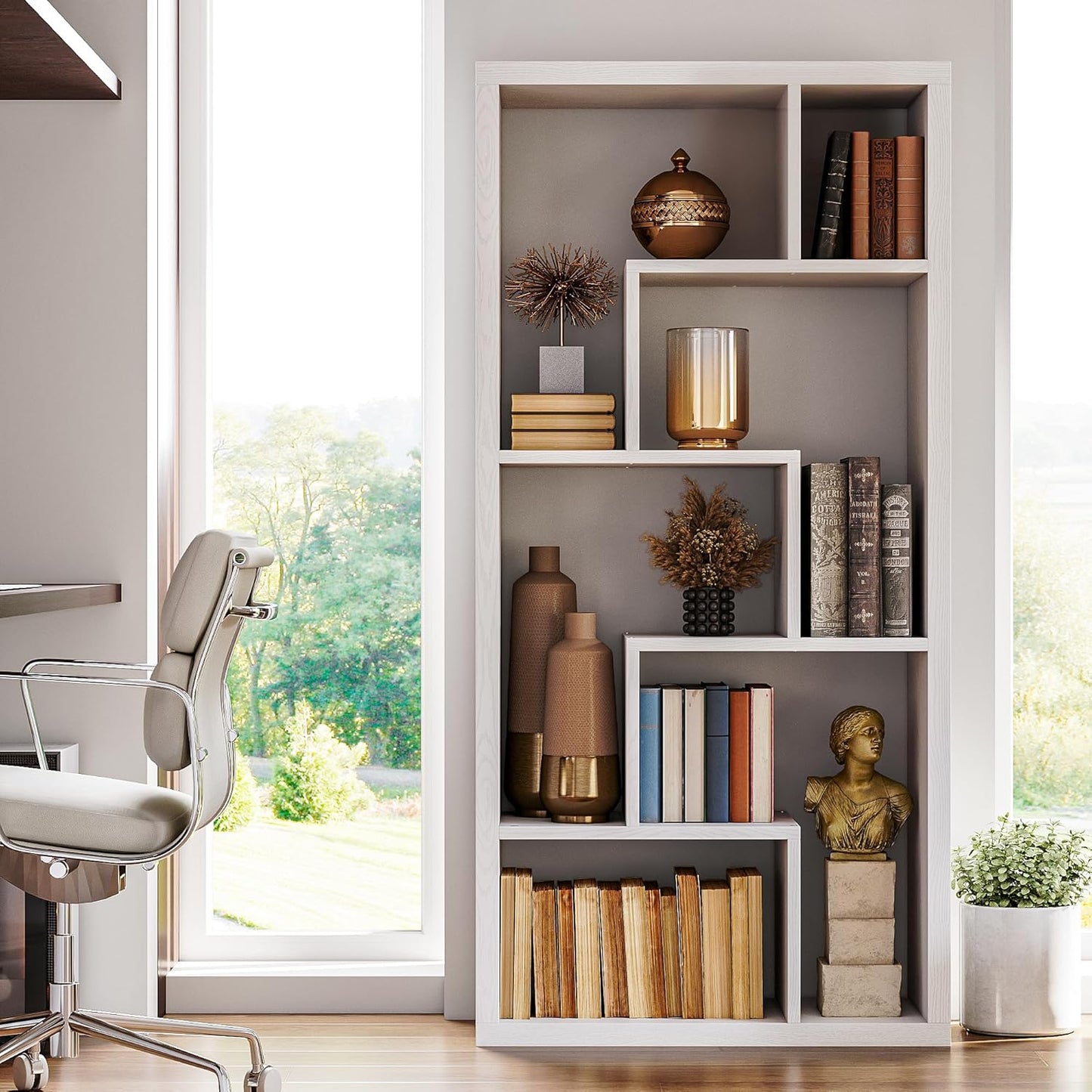 IRONCK Geometric Bookcase 6-Shelf Industrial Bookshelf White Etagere Bookcase Tall Storage Display Bookshelf with Thicken Shelf for Living Room Home Office