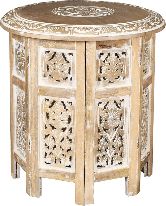 Lightnpro Hand Carved Solid Mango Wood Octagonal Accent Table - 18"×18" White Wash Farmhouse Vintage Home Décor Round End Table for Living Room, Bedroom, Entryway - Rustic Boho Side Table
