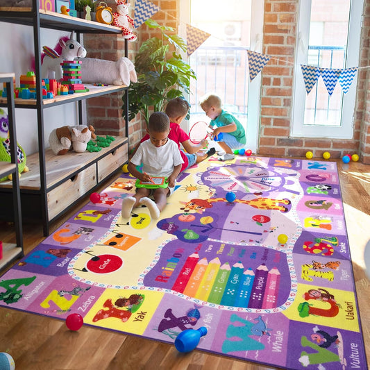 Kids Rugs for Playroom Bedroom Classroom Nursery, Non-Slip and Washable Rugs for Children Toddlers Girls, Educational and Fun Rug Carpets with ABC Alphabet Animals Shapes, 5x7, Purple
