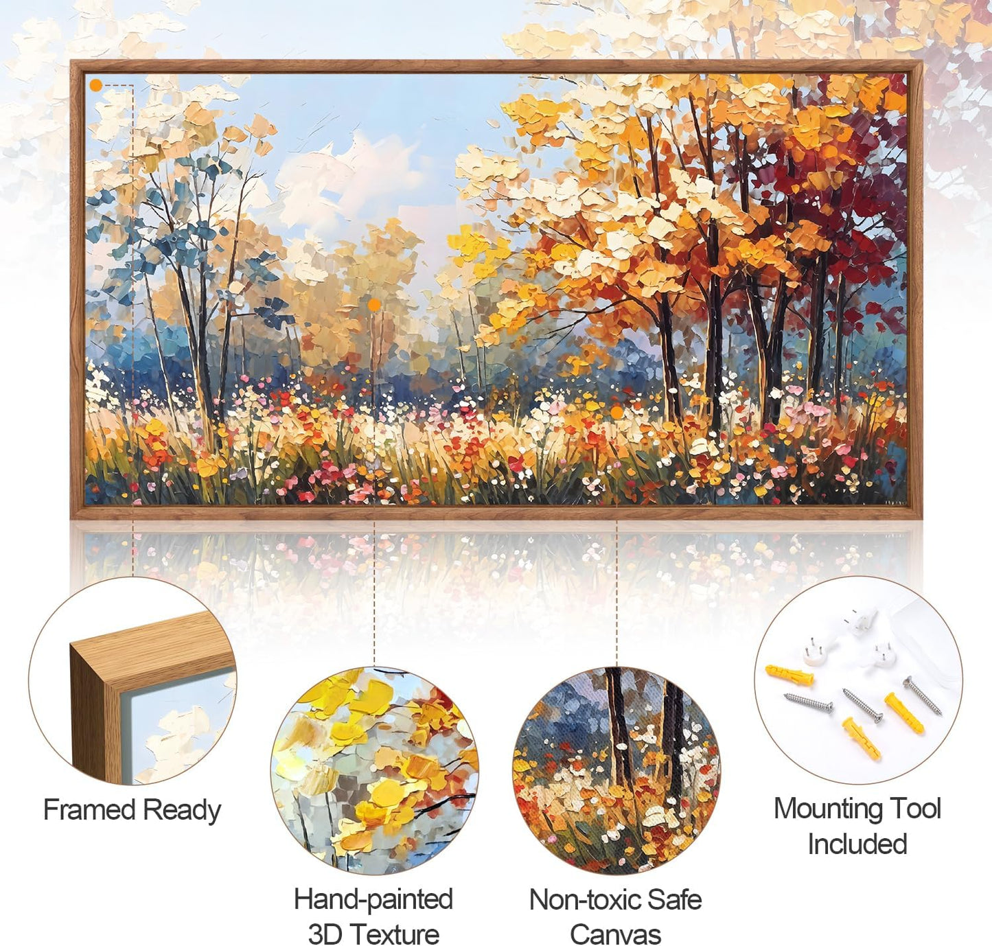 Aurlan Forest Wildflowers Landscape Hand Painted Framed Wall Decor(40"x20"), Vintage Nature Yellow Leaves Scenery 3D Textured Canvas Oil Painting, Classical Watercolor Floral Wall Art for Living Room Bedroom