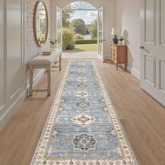Washable 2.6x14 Runner Rug - Area Rugs Neutral Vintage Distressed Floral Farmhouse Boho Large Soft Floor Rug Indoor Carpet for Hallway Entryway Home - Blue