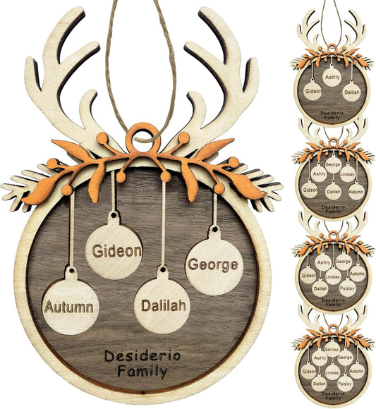 2025 Personalized Christmas Ornaments Family of 2/3/4/5/6/7/8,Custom Reindeer Christmas Wooden Ornaments Deorations with Names,Customized Xmas Ornament Tree Deorations,Personalized