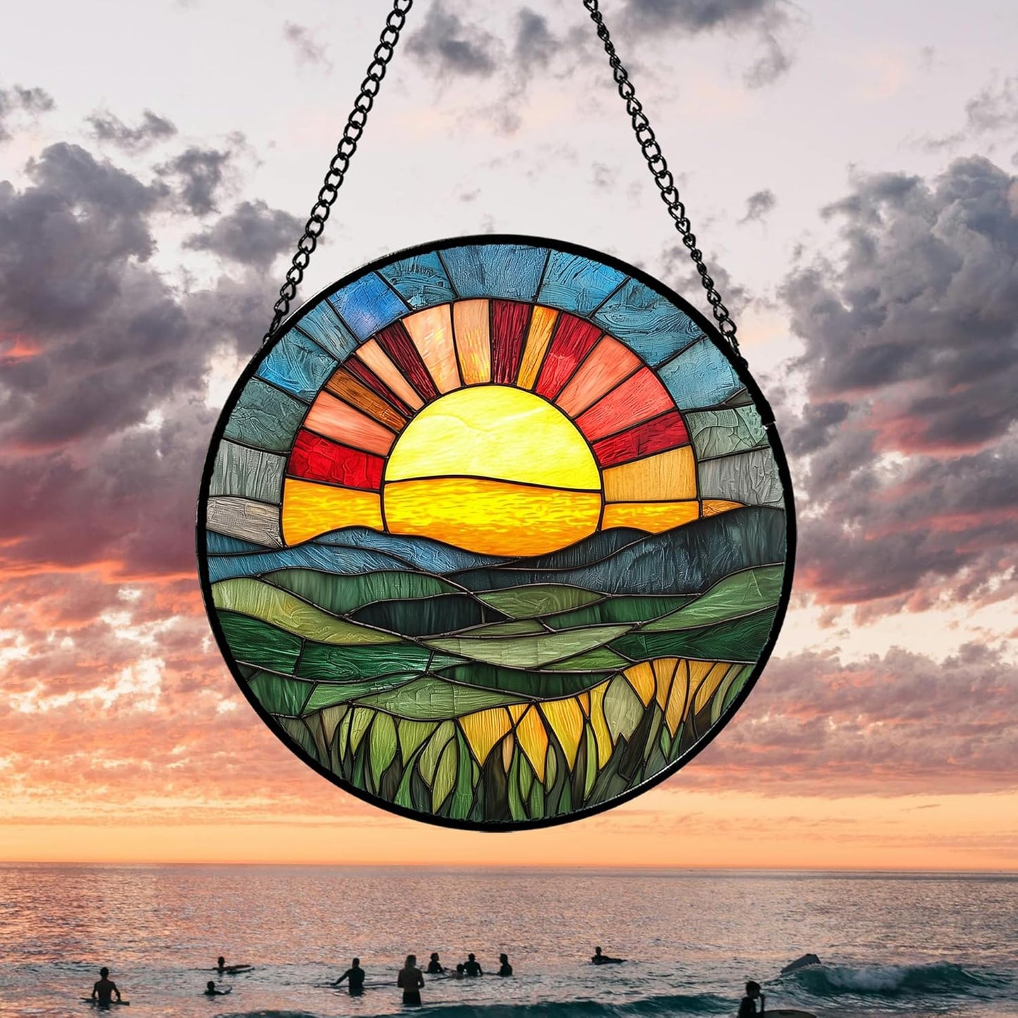 Stained Glass Window Hanging, Golden Red Sun Green Mountain Suncatcher for Window Home Decor Nature Landscape Sun Catcher Mother's Day Birthday Gifts for Women Men Mom Nana 6.3 in