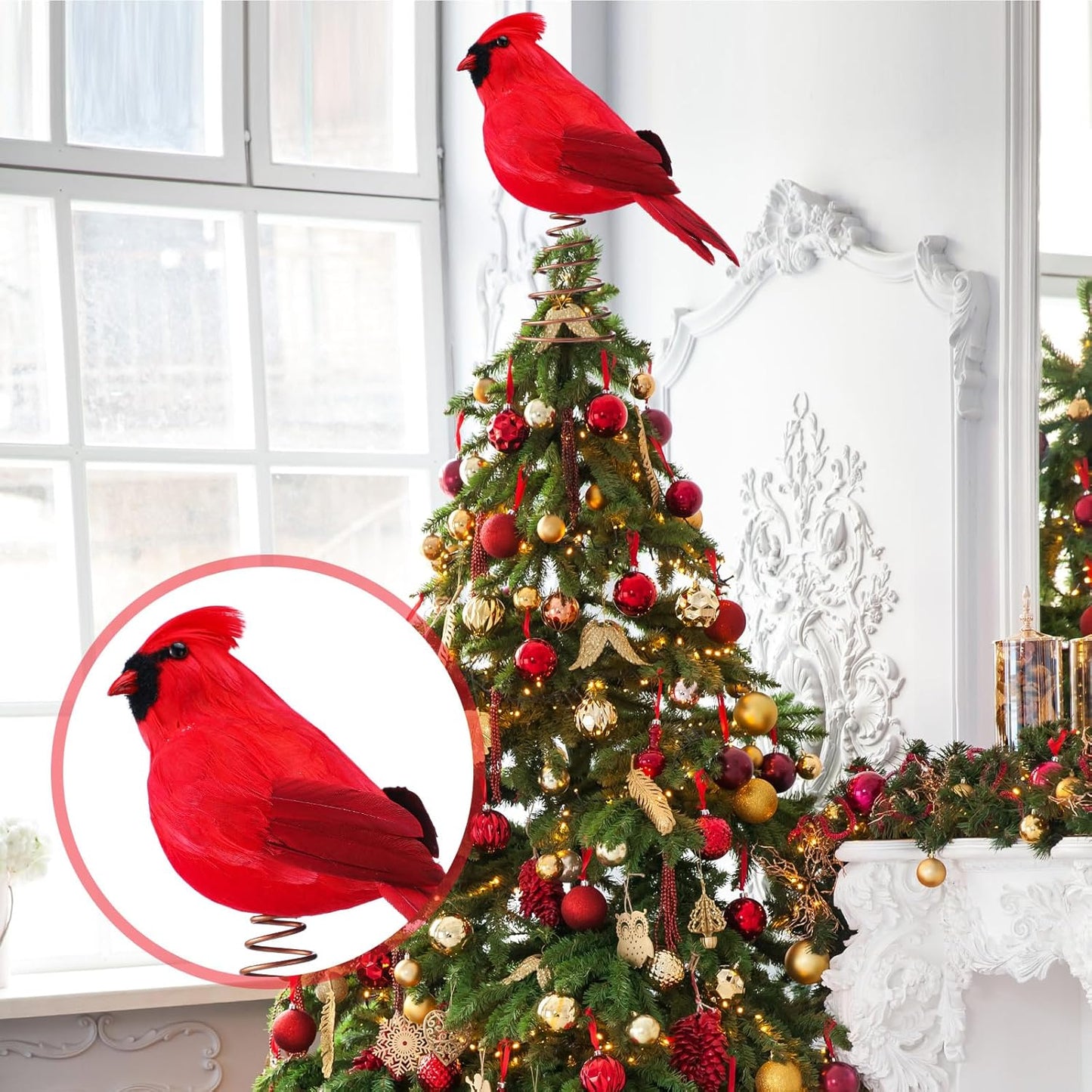 Retisee 11.8'' Cardinal Christmas Tree Topper Red Cardinal Christmas Tree Decoration Red Bird Christmas Tree Ornaments Artificial Feather Flocked Christmas Ornaments for Christmas Wedding Party Decor