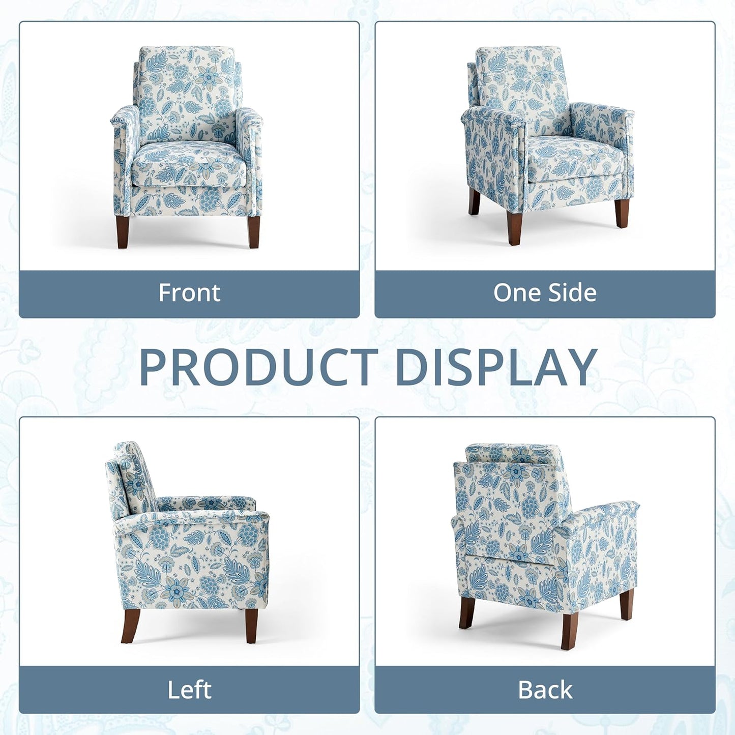 Floral Accent Chair, High Back Upholstered Armchair with Solid Wooden Legs, Padded Armrest and Removable Comfortable Cushioned Seat Single Sofa for Living Room, Bedroom, Blue
