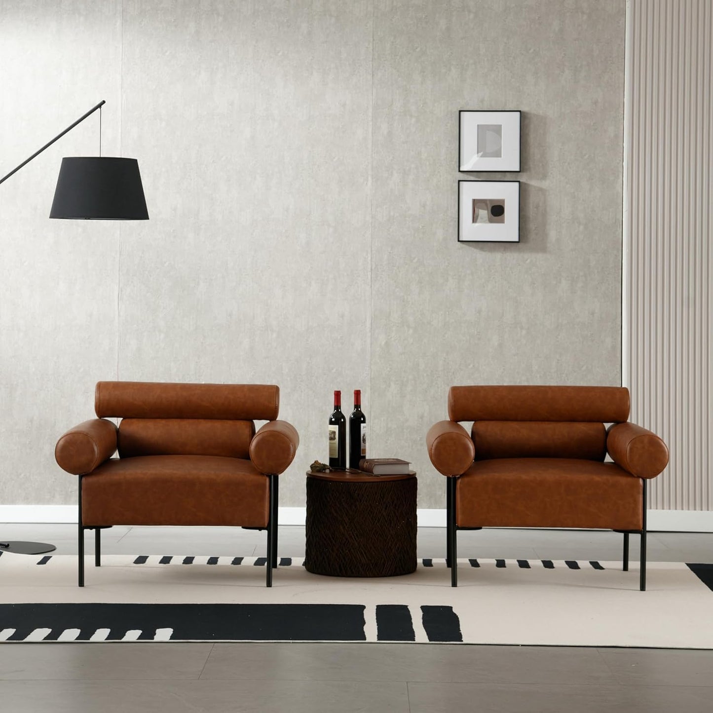 Modern Accent Chairs Set of 2, Single Sofa Accent Chairs for Living Room, Oversized Upholstered Leather Mid-Century Office Reading Armchairs with Channel Tufted for Bedroom, Brown
