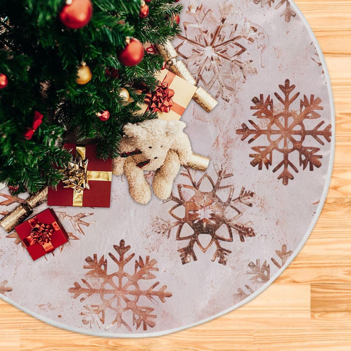 Christmas Tree Skirt, 48 Inch Rose Gold Snowflakes Pattern Xmas Tree Skirt for Christmas New Year Party Decorations Christmas Tree Mat