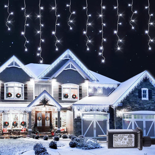 Hopolon 33FT 360L LED Christmas Icicle Lights Outdoor Waterproof,8 Modes Plug in Curtain String Lights with 60 Drops,Christmas Lights for Wedding,Party,Bedroom,Home,Garden,Wall Decorations(White)