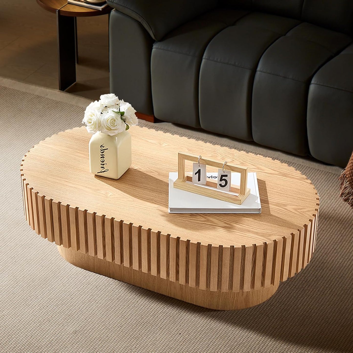 43.7" Oval Coffee Table for Living Room,Modern Handcraft Drum Coffee TableSmall Wooden Coffee Table with Sturdy Pedestal Easy Assembly for Office-Natural