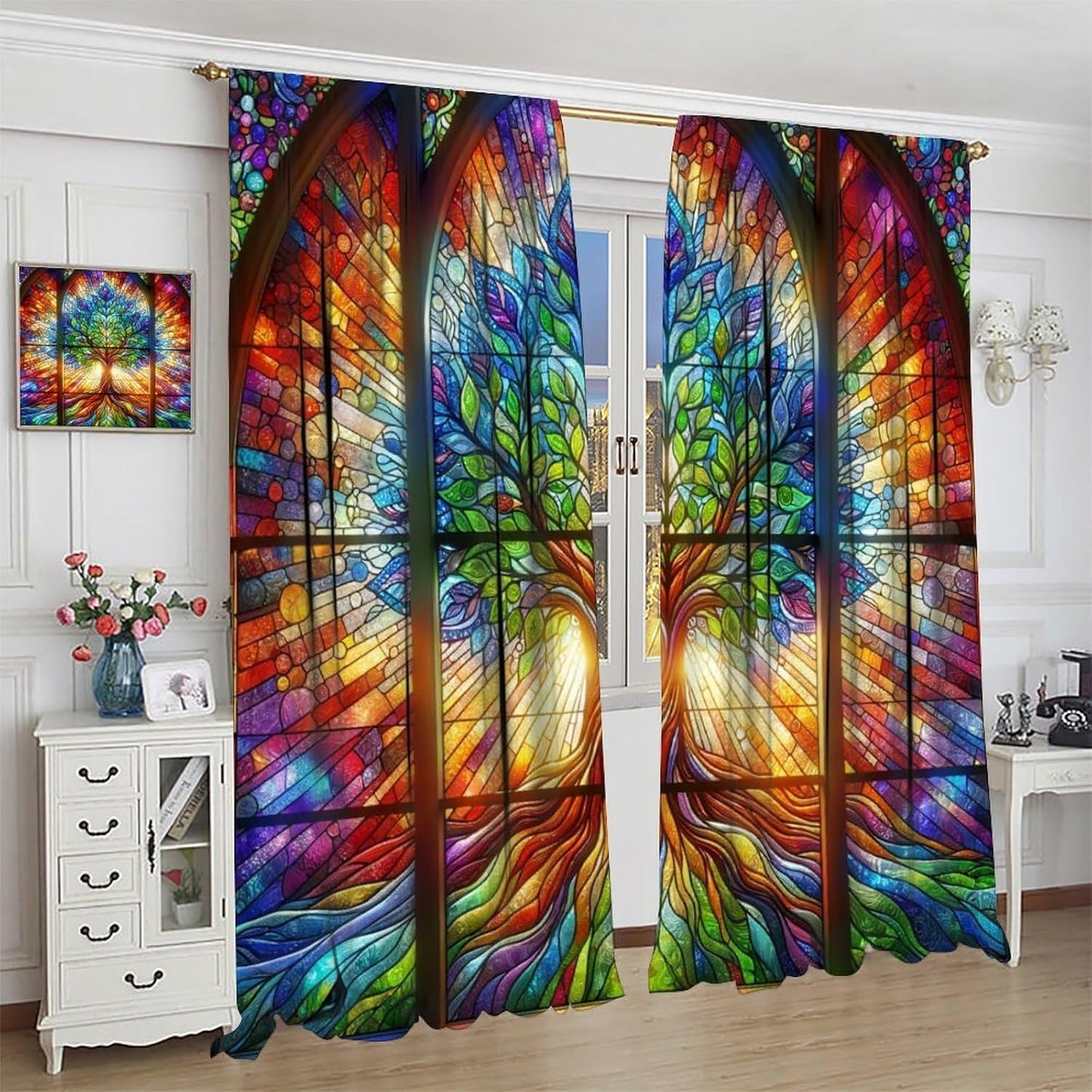 Stained Glass Curtains,Tree of Life Colorful Abstract Art Home Decor Drapes for Bedroom Living Room Kitchen Window Treatment 2 Panels Set Total Size 42" W X 63" L Inch