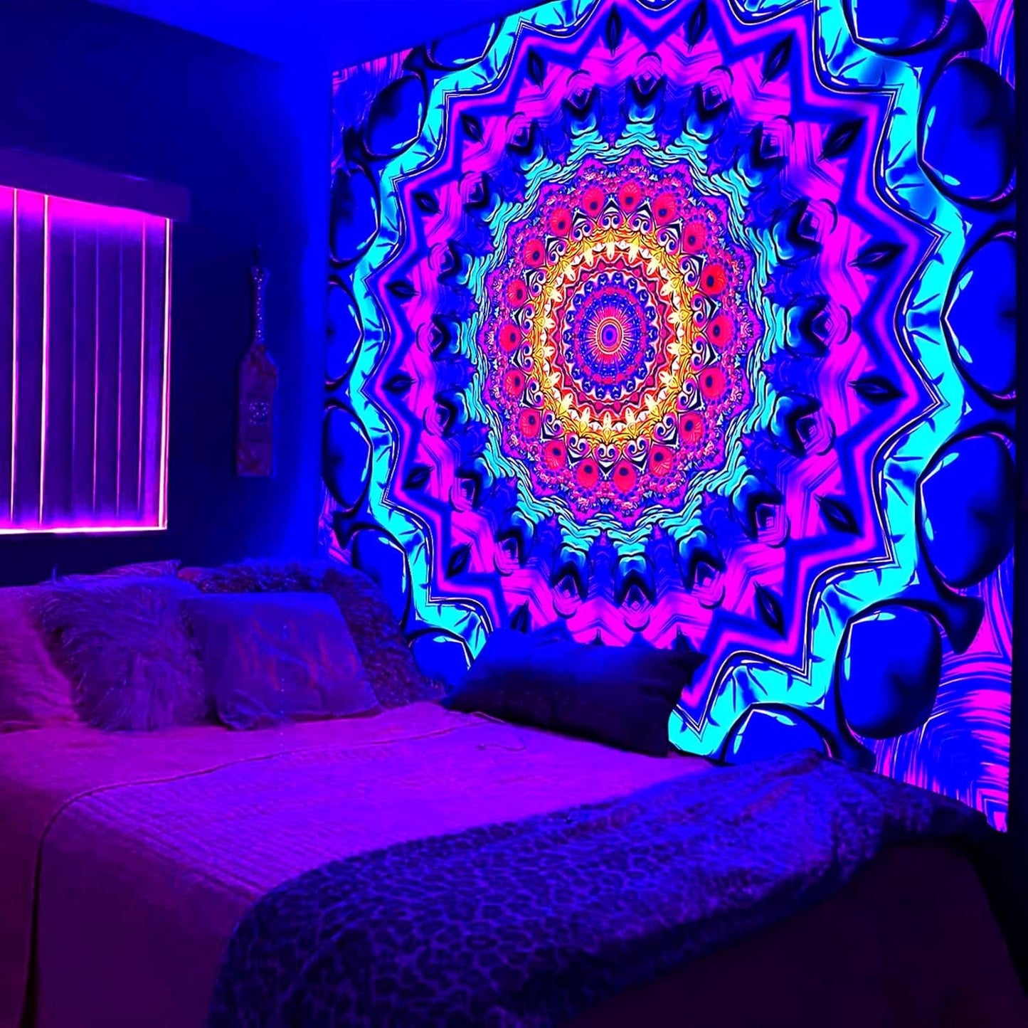 PSYHILAR Blacklight Mandala Tapestry for Bedroom, Black Light Posters for Adults and Teens, Colorful UV Reactive Aesthetic Bohemian Wall Art Decor (80 x 60 Inches)