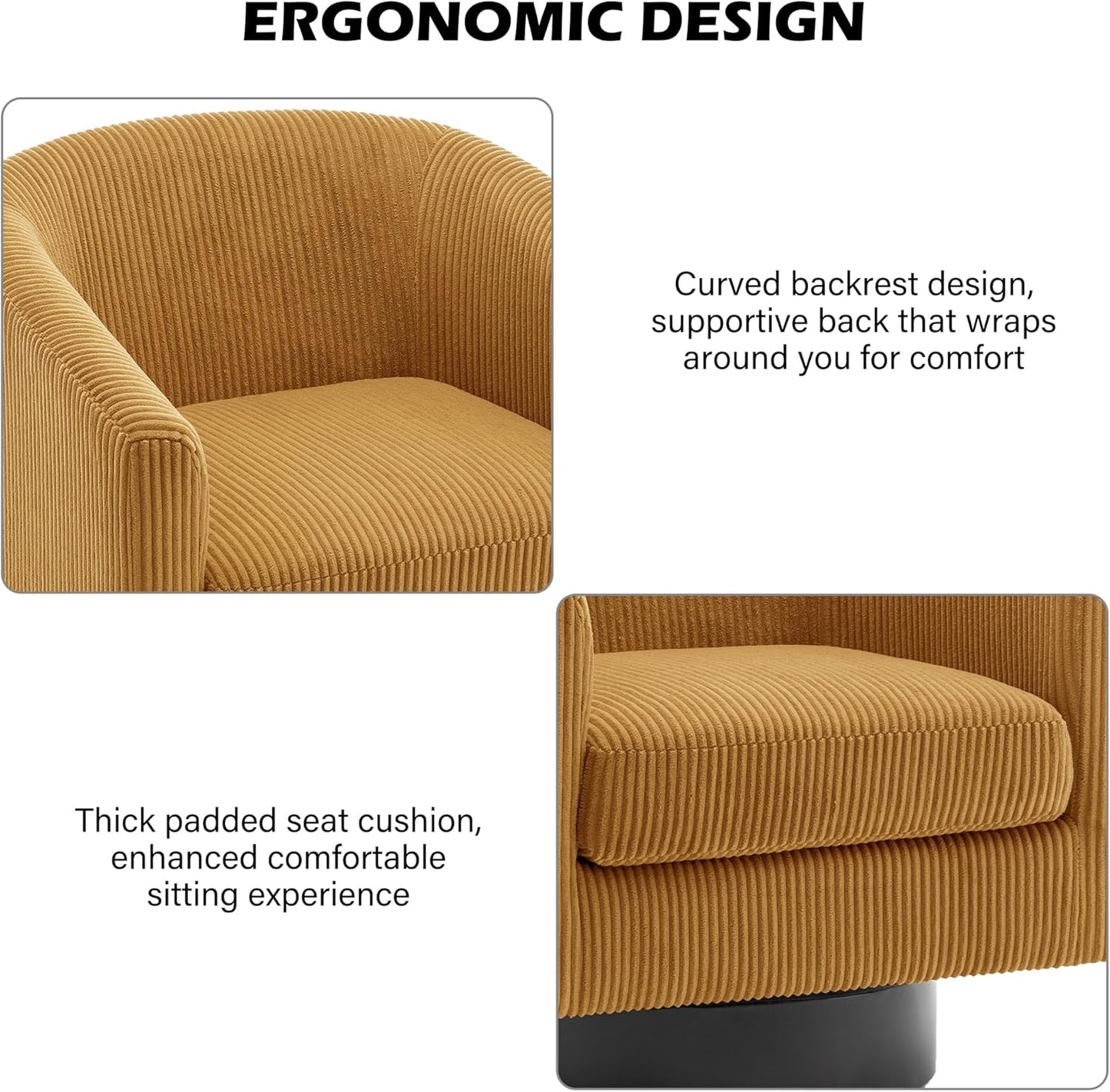 Swivel Barrel Accent Chair, Modern Round Corduroy Fabric Arm Chair for Living Room, Bedroom, Comfy Club Reading Chairs for Adults, Corduroy Orange, Set of 2