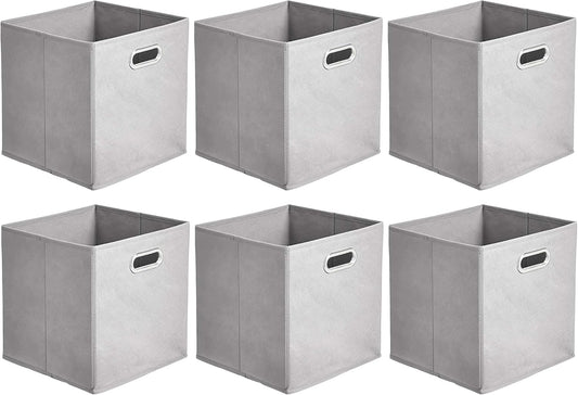 Amazon Basics Collapsible Cube Storage Organizer Bins, 6-Pack, 10.5 x 10.5 x 11 inches, Light Grey