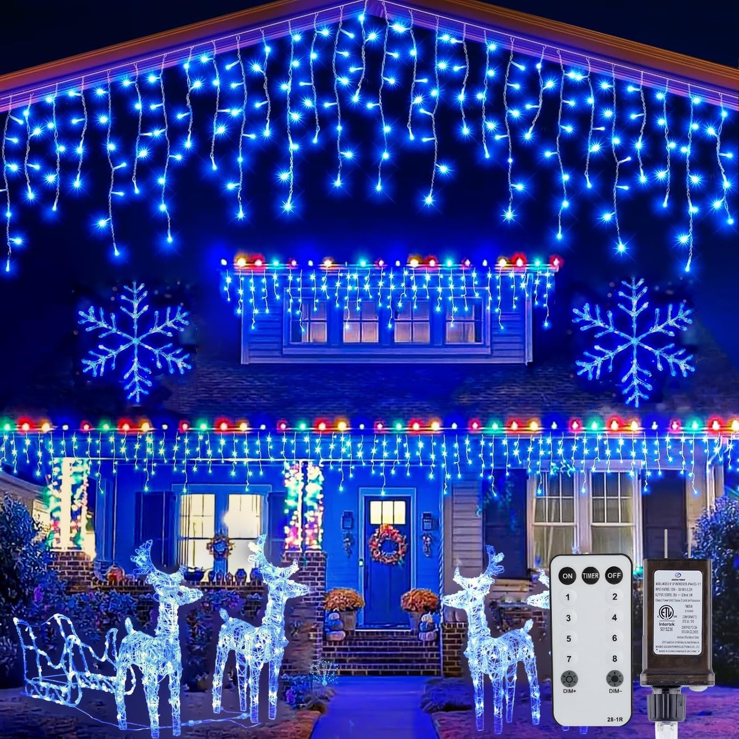 Brightown Blue Icicle Lights, 66Ft 736 LED Outdoor with 138 Drops, 8 Modes Remote and Timer for Halloween, Hanukkah