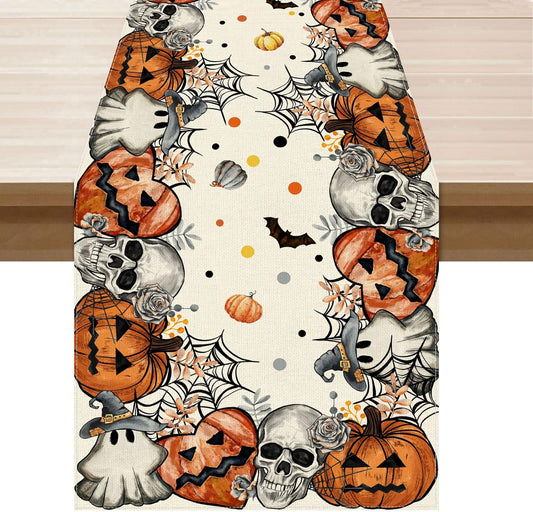 XCHI Spooky Skeleton Ghost Pumpkin Halloween Table Runner Party Table Decoration for Home Kitchen Dining Holiday Decor 13x72 Inch