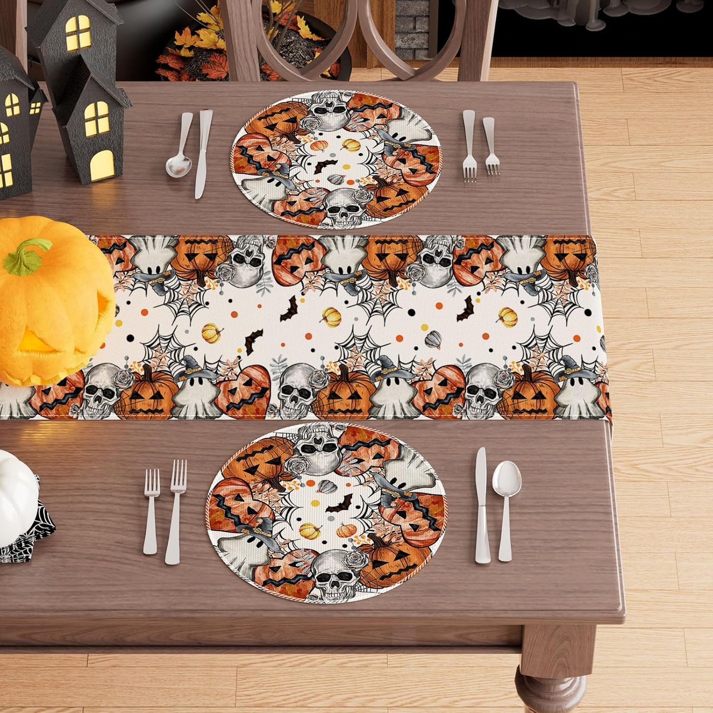 XCHI Spooky Skeleton Ghost Pumpkin Halloween Round Placemats Set of 4 Table Mats for Party Home Kitchen Dining Table Decorations 14x14 Inch