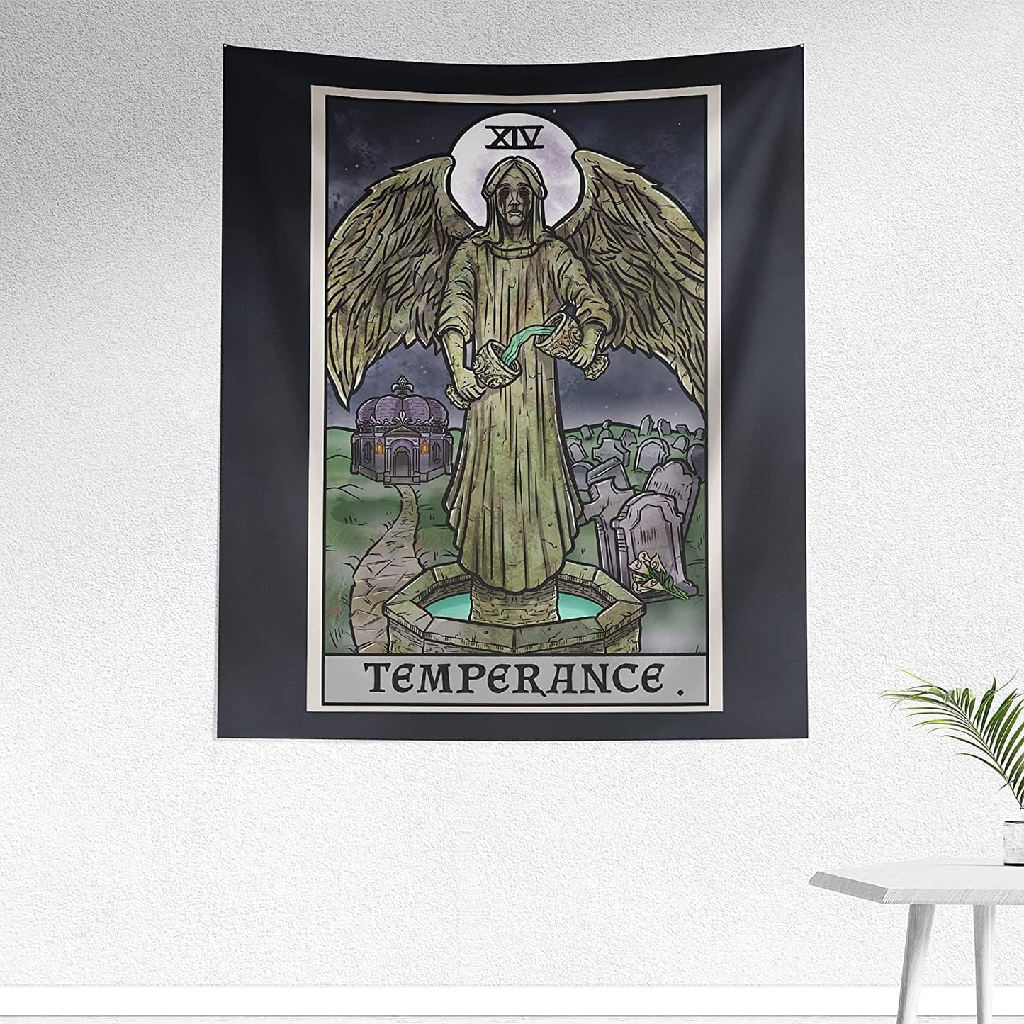 The Ghoulish Garb Temperance Tarot Card Tapestry - Crying Angel Statue - Gothic Halloween Home Decor Wall Hanging (60" x 50")