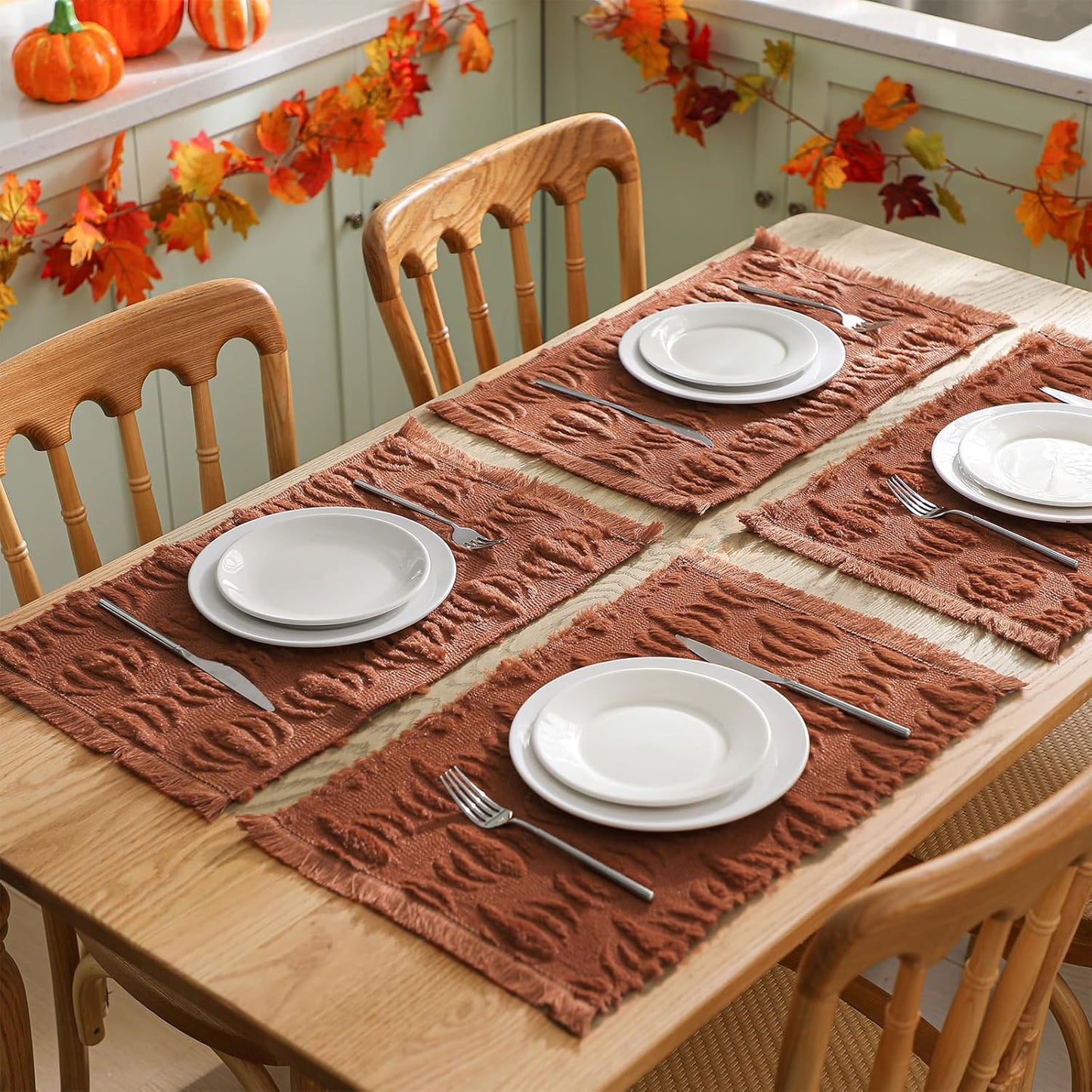 Nuanchu 4 PCS Rust Pumpkin Fall Placemats 13 x 19 Inch Autumn Harvest Soft Plush Faux Fur Wool Table Mats Thanksgiving Placemats for Party Kitchen Dining Decoration