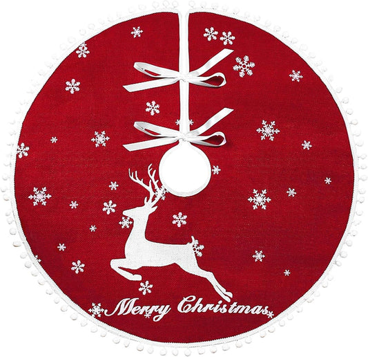 48 Inch Christmas Tree Skirt, Burlap Red Christmas Rustic Tree Skirt with Elk Deer and White Snowflake Printed for Holiday Party Xmas Tree Decoration