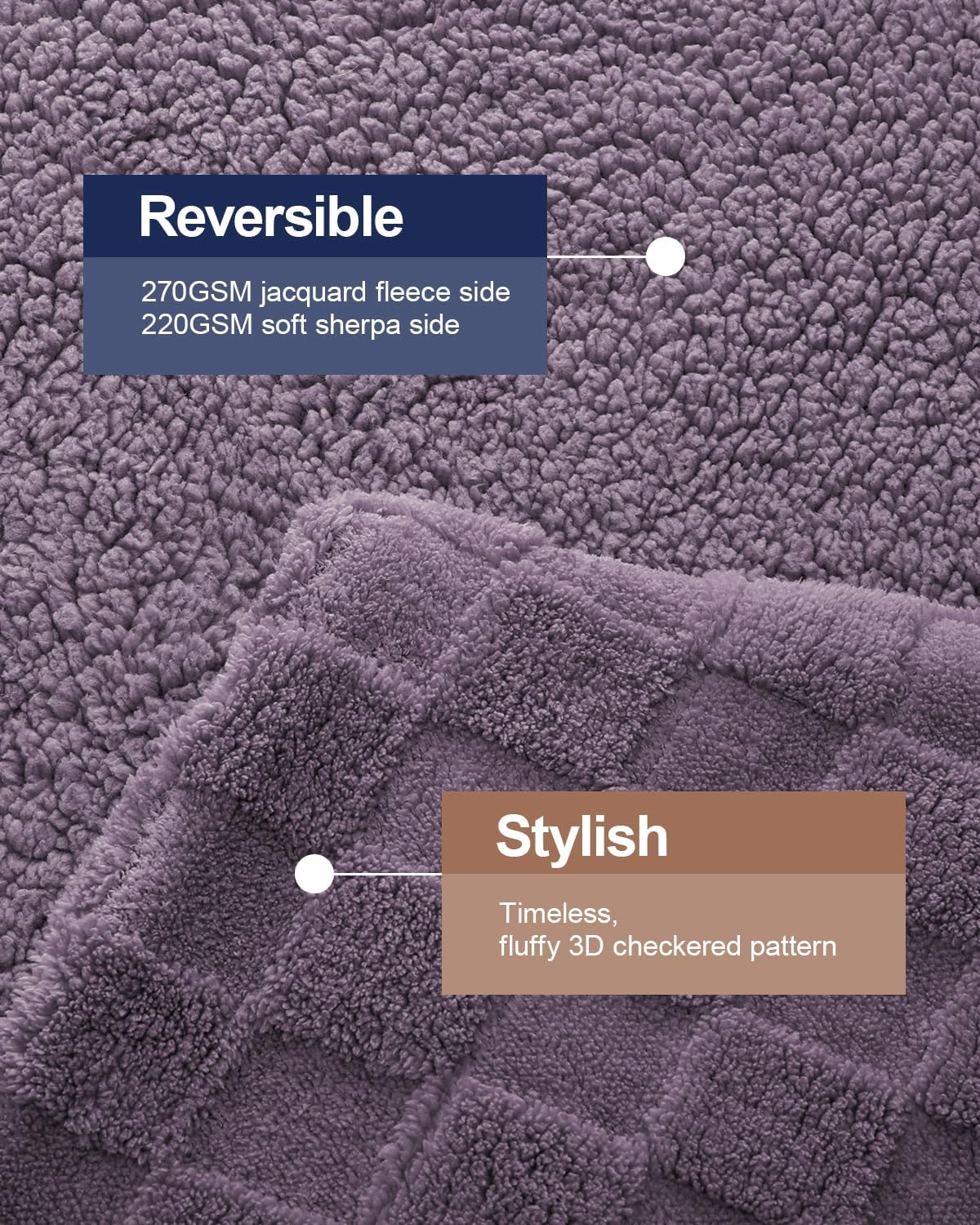 Pawque Super Soft Cozy Throw Blanket for Couch Sofa Bed - Fluffy Sherpa Fleece Reversible Thick Warm Fuzzy Blanket for All-Season, 3D Checkered Jacquard Elegant Decorative Blankets, Purple, 50" x 60"