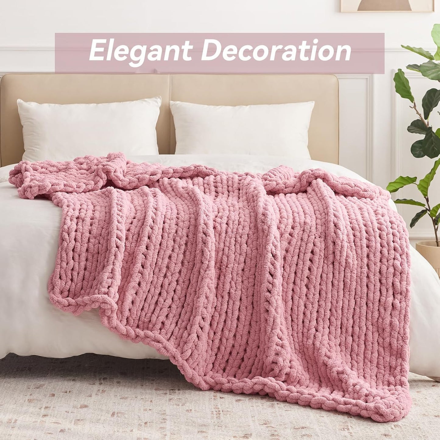 Chunky Knit Throw Blanket, 40''*50'' Knitted Throw Chenille Yarn for Bed Couch, Handmade Light Pink Crochet Big Thick Blanket, Machine Washable Cute Comfy Blanket for Home Decor