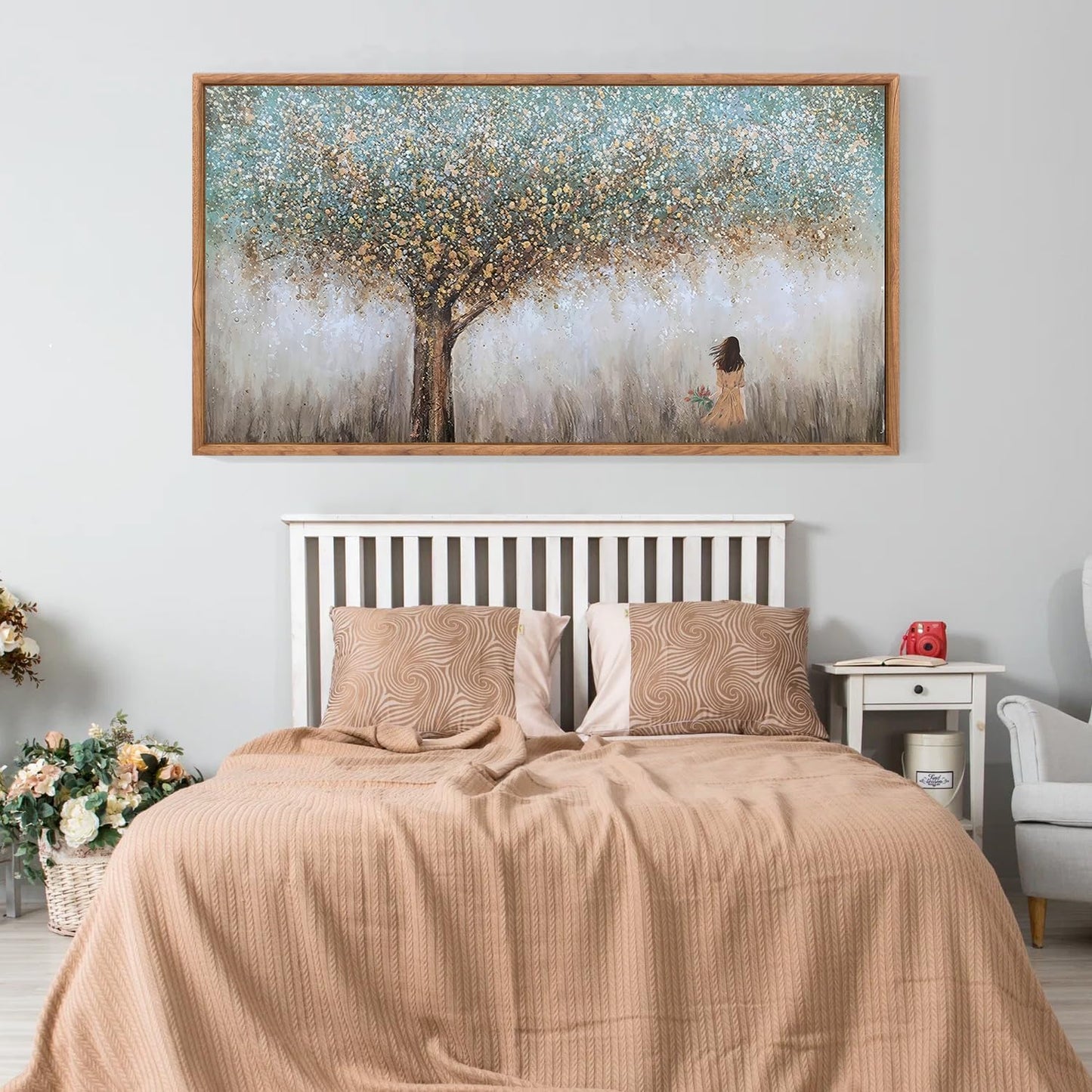 Aurlan Tree of Life Hand Painted Framed Wall Decor(40"x20"), Large Abstract Girl under Tree Oil Painting Canvas Artwork, Modern Nature Landscape Art for Office Living Room Bedroom