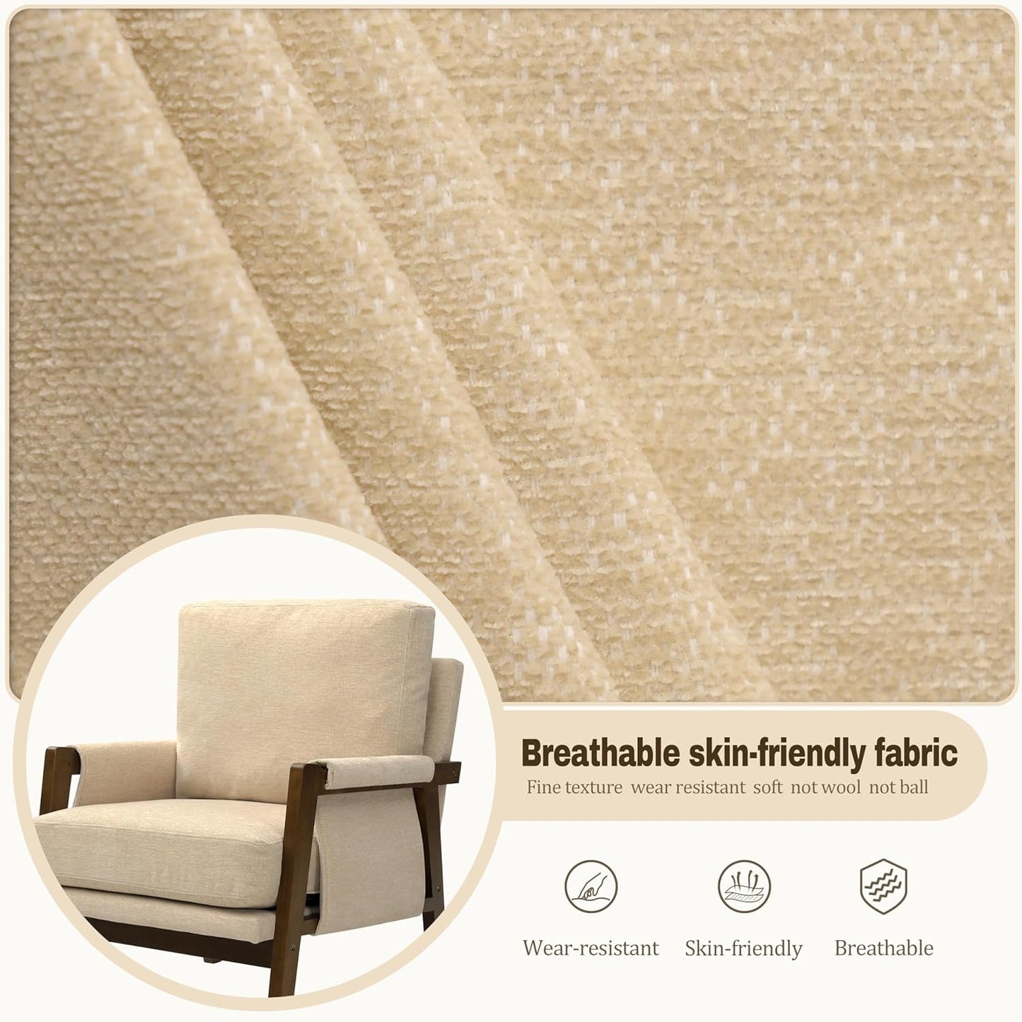 Modern Accent Chairs Set of 2 for Living Room Mid Century Arm Chairs Upholstered Bedroom Chairs Comfy Lounge Chairs with Solid Wood Frame, Beige
