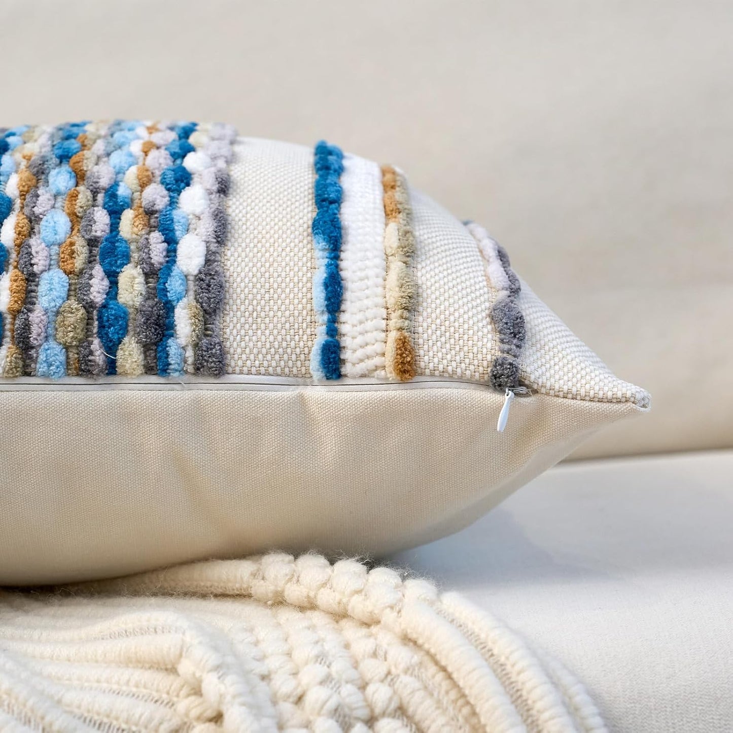 Aeckself Boho Pillow Covers 18x18 Inch Set of 2, Farmhouse Decorative Striped Square Chenille Tufted Accent Neutral Throw Pillow Covers for Living Room Couch Bed, Sky Blue