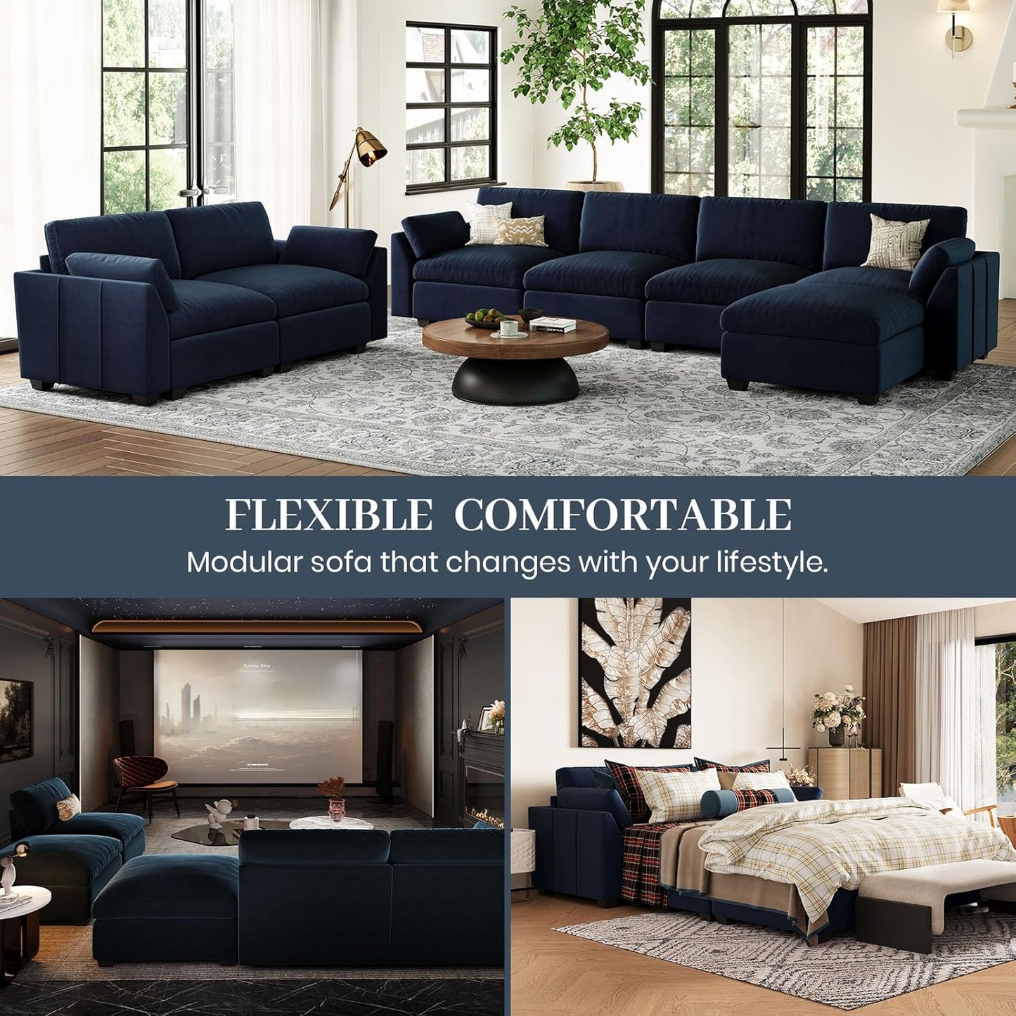 Belffin Oversized Sectional Couch,137.8" 7-Seater U Shaped Modular Sectional Sofa with Ottoman,Convertible Velvet Couches for Living Room,Blue Couch