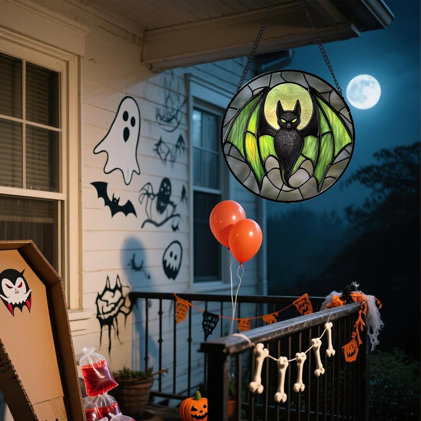 Stained Glass Window Hanging - Halloween Black Bat Green Wings Monster Suncatcher for Doors Garden Home Spooky Sun Catchers Gothic Decor Horror Gift for Women Men Friend Boy Girl 15 in