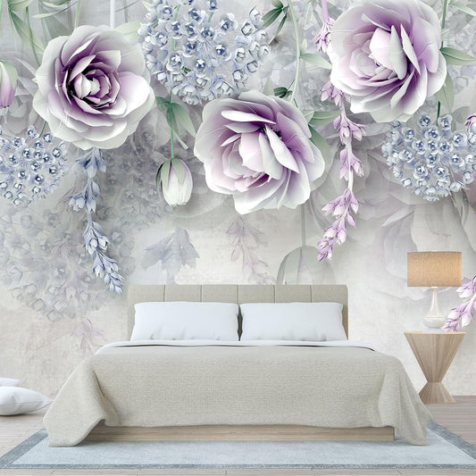 WFBHUA-Purple Rose Floral 3D Wallpaper Mural Modern Flower Leaf Wallpaper for Bedroom Wall Murals Decoration(Not Peel and Stick)
