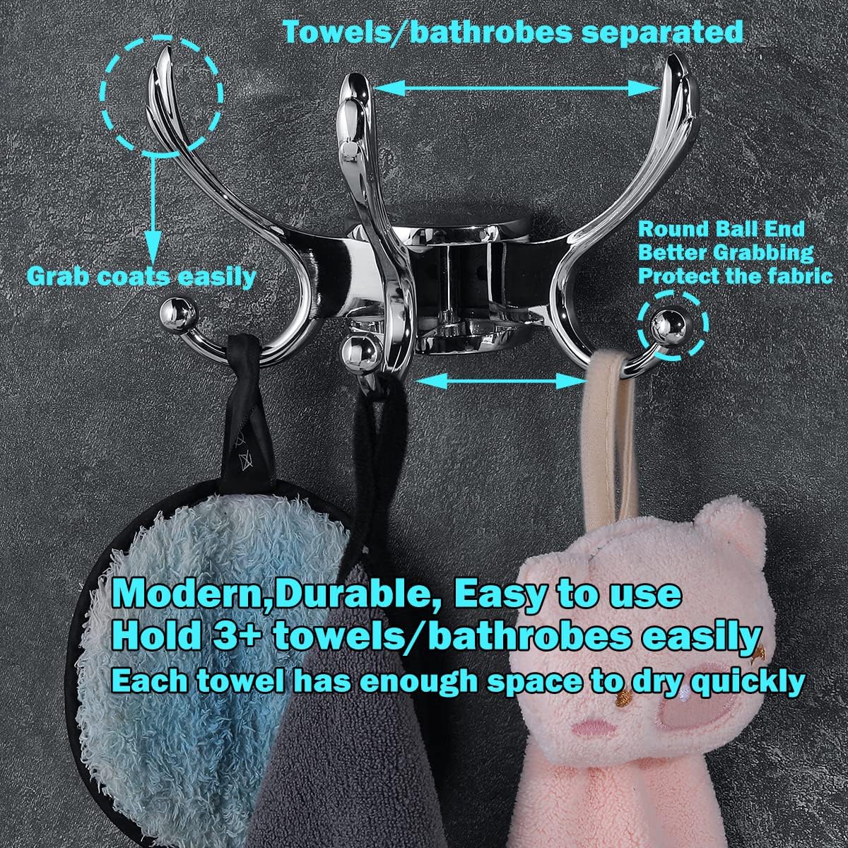 Swivel Coat Hook 2 Pack Heavy Duty Space Saving Towel Rope Hook Wall Mount Triple Swing Arms for RV Bathroom Kitchen Garage,Polished Chrome