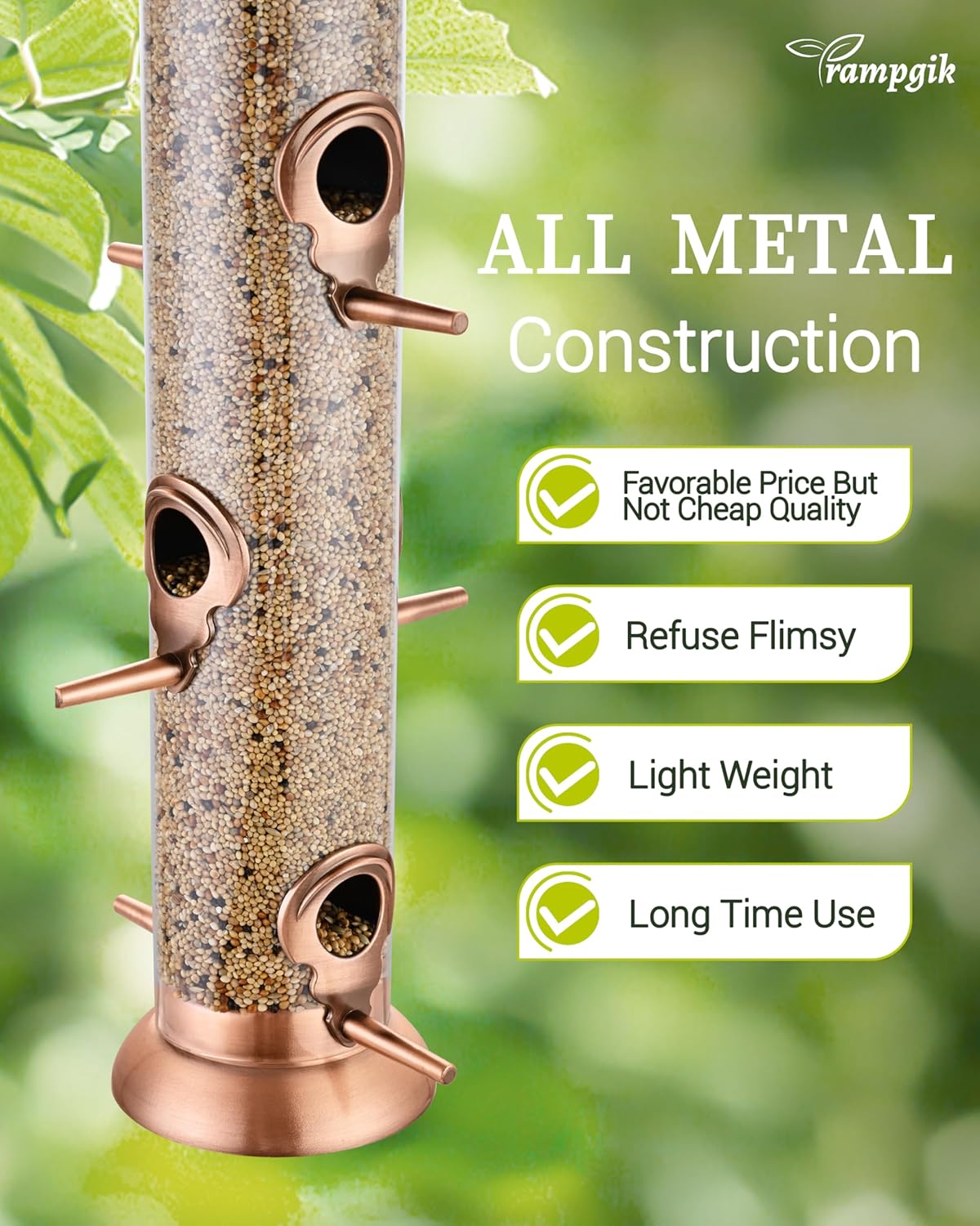 Metal Tube Bird Feeders for Outdoors Hanging,Finch Feeders for Outside,All Metal Brushed Copper Finishing,14 Inch 6 Port (Seed is not Included)