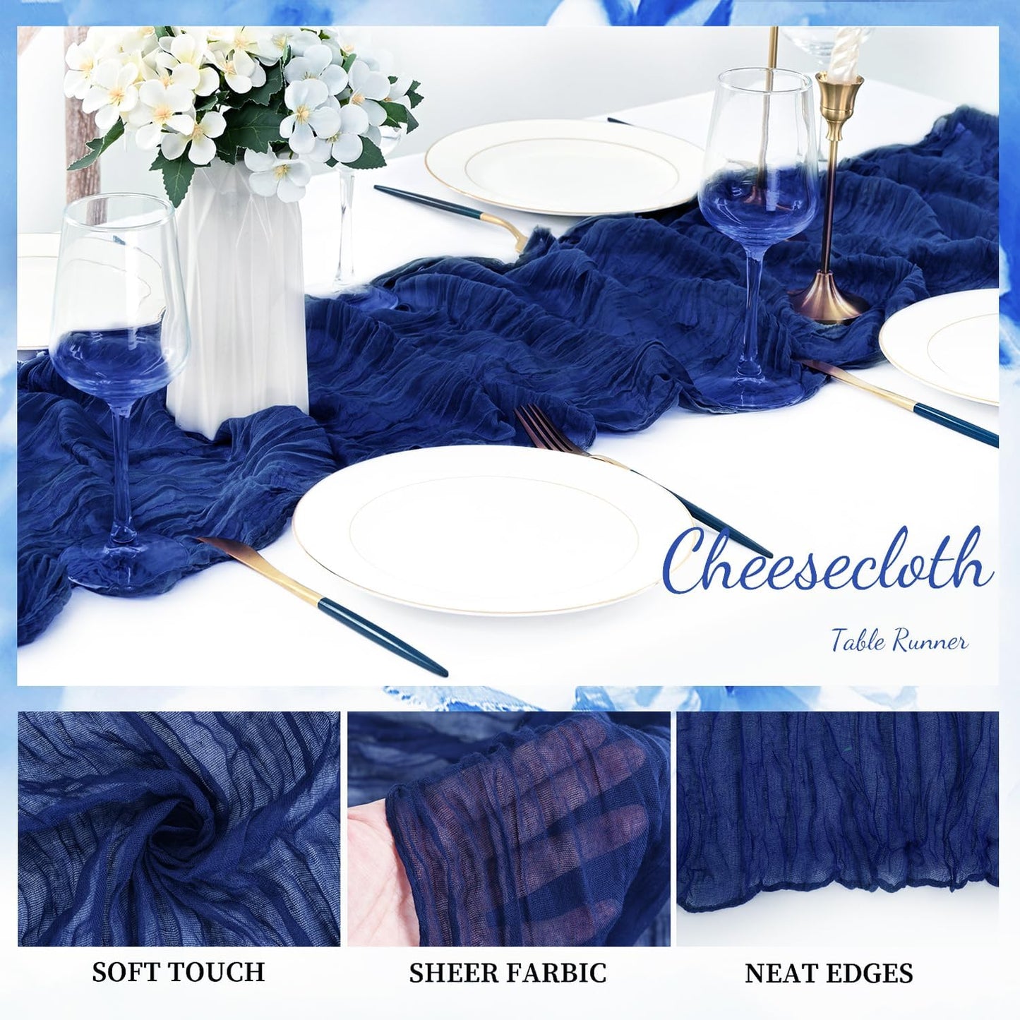 10FT 6 Pack Royal Blue Cheesecloth Table Runner 20 x 120 Inch Long Rustic Gauze Cheese Cloth Table Runner for Wedding Bridal Baby Shower Table Decorations Boho Fabric Sheer Birthday Party Table Decor