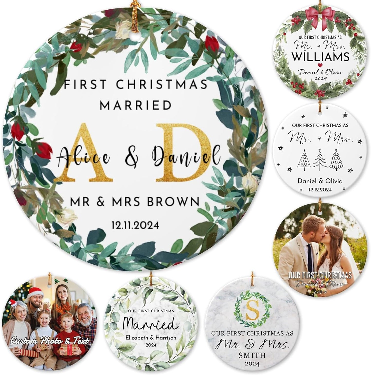 Personalized First Christmas Married Ornament 2025 Custom Mr and Mrs Wedding Christmas Ornaments with Name Date for Couples,Double-Sided Ceramic Customized Engagement Ornament