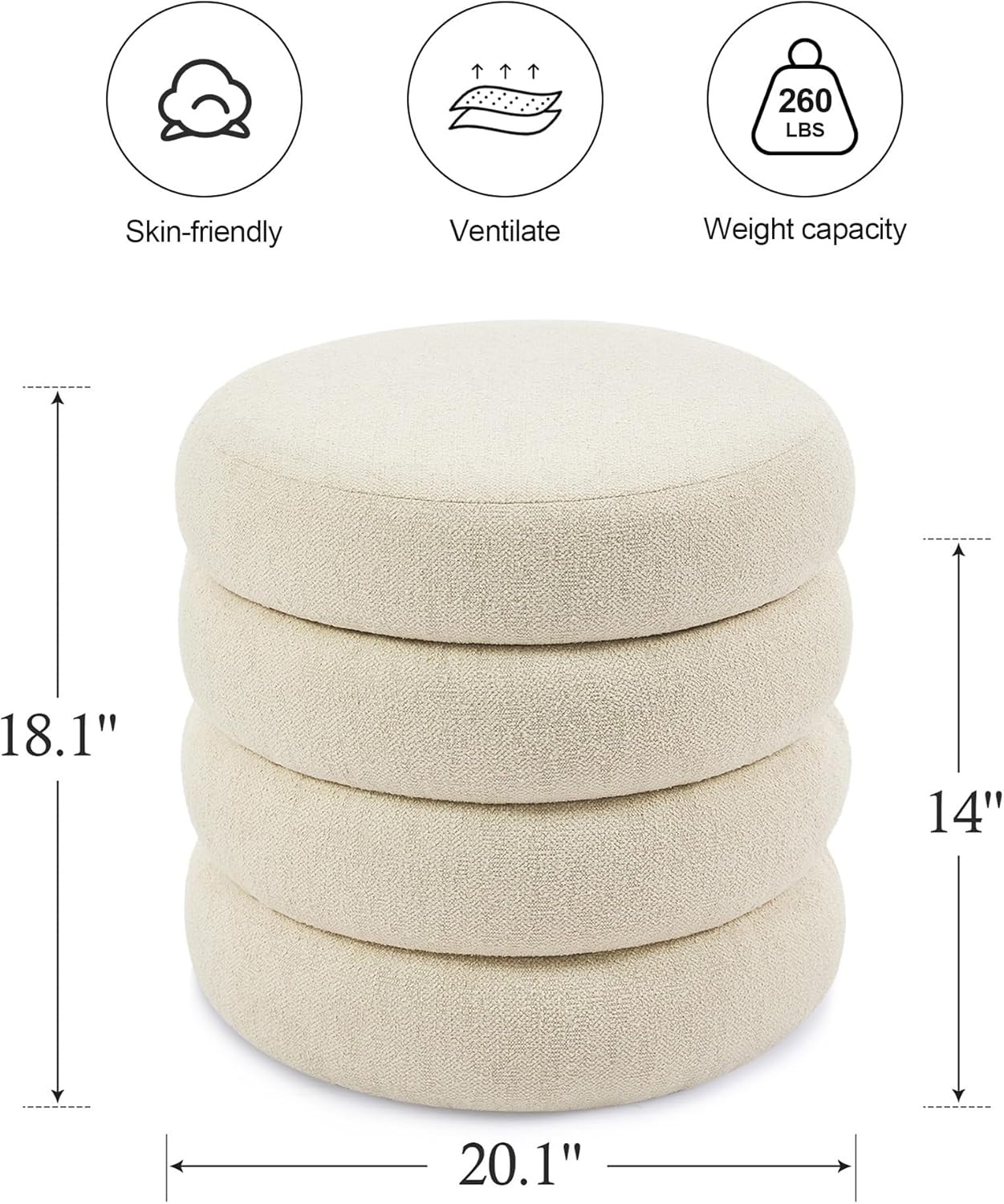 ONEVOG Round Storage Ottoman, 20" Small Ottomans Table with Removable Lid, Linen Fabric Soft Footrest Stools for Couch, Upholstered Stuffed Circle Seat for Living Room/Bedroom/Dorm/Vanity, Beige