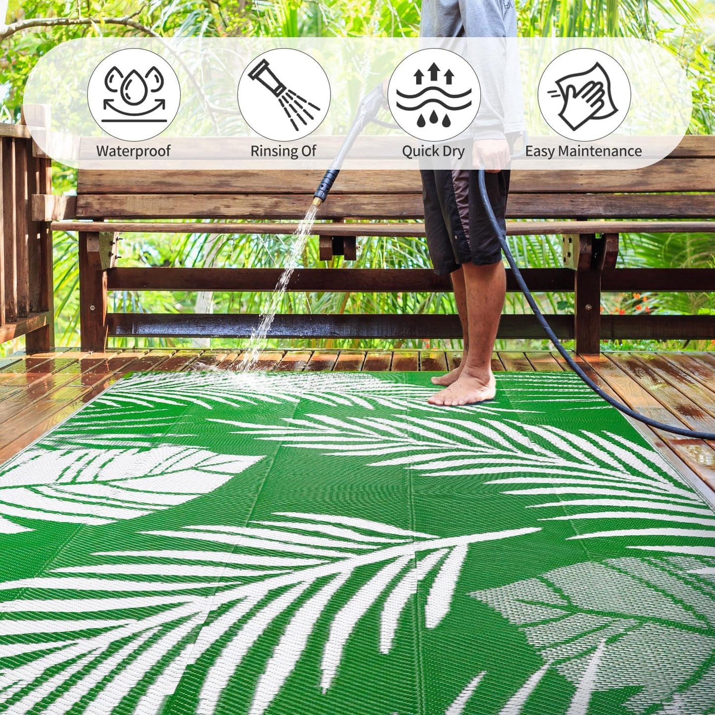 Waterproof Outdoor Rug 8x10ft, Green Leaf Reversible Plastic Straw Mat for Patio RV Deck Porch Backyard Balcony Camping Picnic Beach Indoor Outdoor Carpet, Green&White