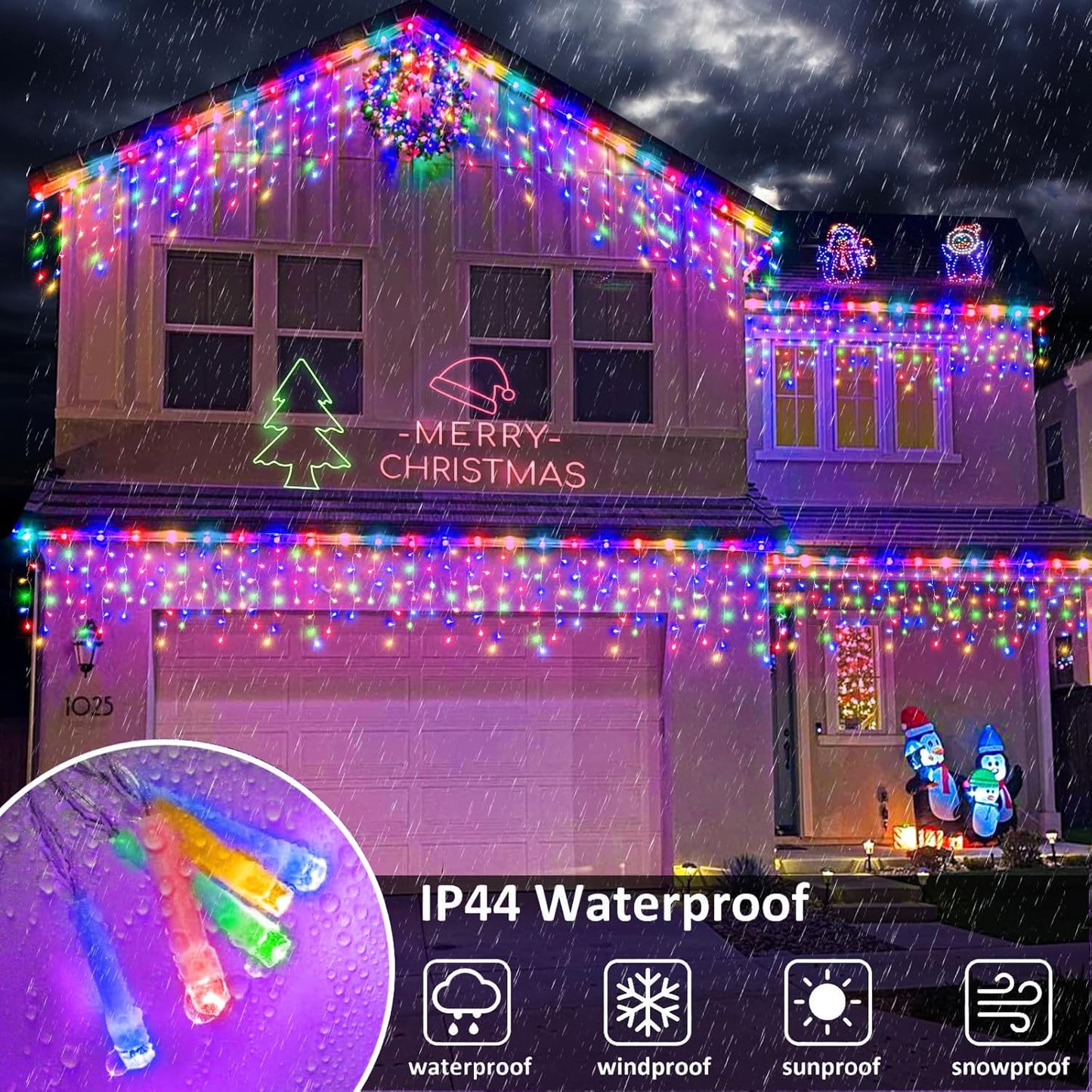 Icicle Christmas Lights, 98FT 1216 LED Icicle Lights for Outside with 228 Drops, 8 Modes Waterproof Twinkle String Lights for House Bedroom Wedding Holiday Decorations, Multicolor