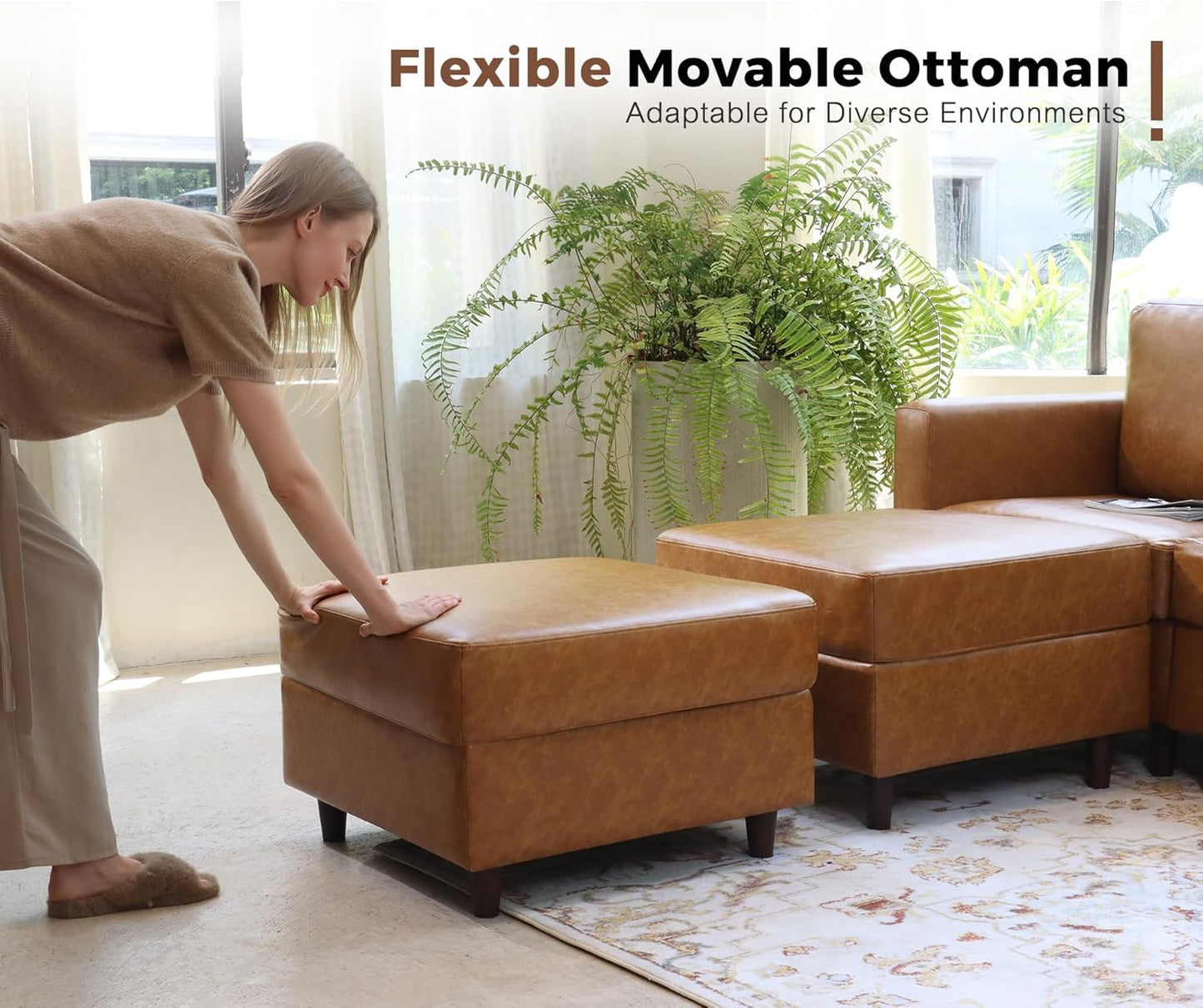 ABCASA 118.5" Oversized Modular Sectional Sofa, Faux Leather 6 Seater U Shaped Couch with Movable Ottoman and Storage Seat with Reversible Chaise Deep Seat for Living Room Brown