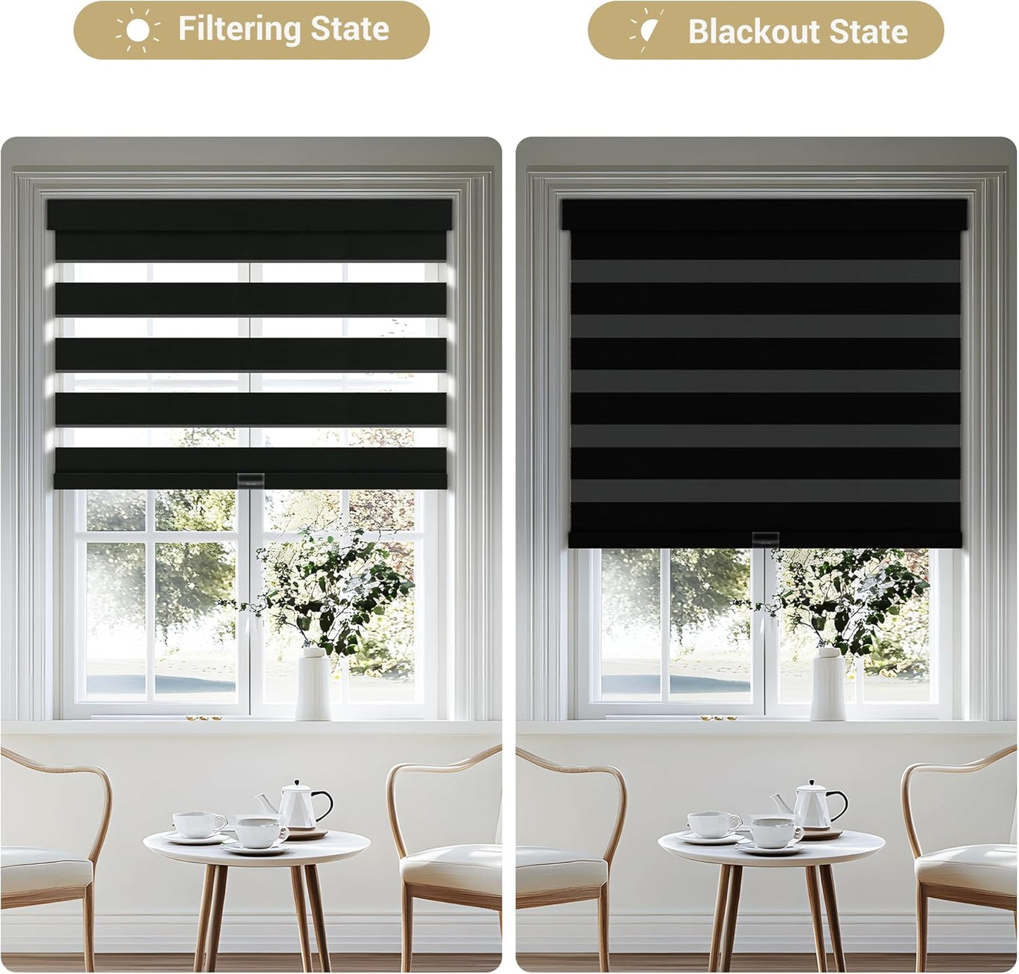 Cordless Zebra Blinds for Windows, Blackout Interior Blinds,Easy to Install,UV Protection,for Offices and Home,Custom Roller Shades, Solid Black, 27" W x 80" H