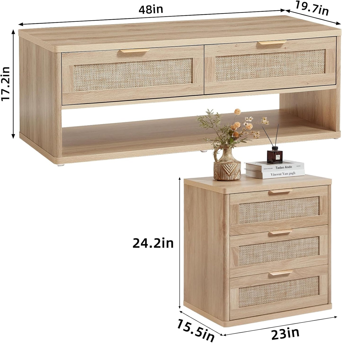 LEYAOYAO Boho Rattan Coffee Table and End Table Sets, 48" Wide Center Tables & 23" Night Stand with 3 Drawers, Natural Wood Coffee Table for Living Room 2 Piece Set