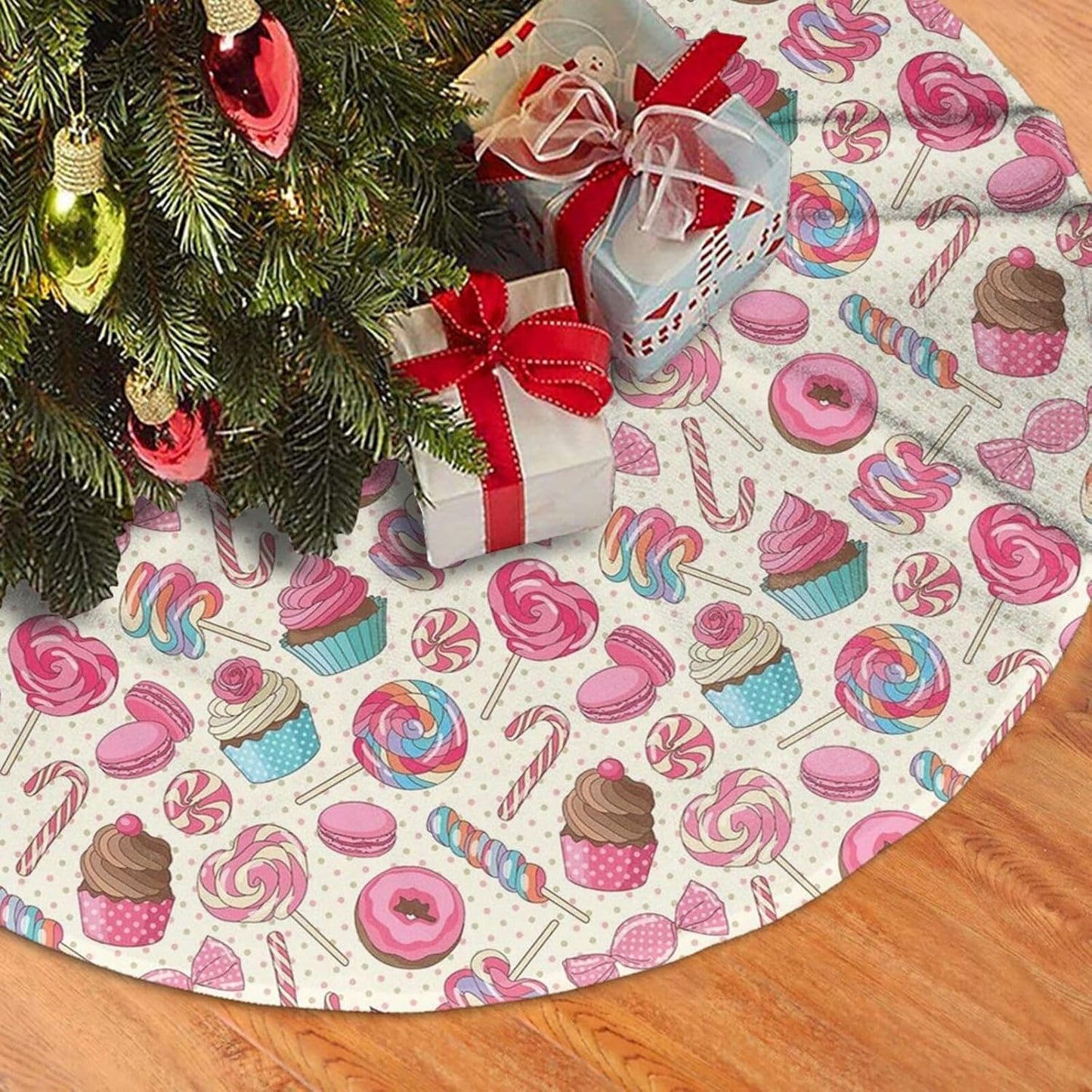 Christmas Tree Skirt,Sweet Lollipop Candy Macaroon Cupcake Donut Xmas Tree Skirt Rustic Farmhouse Tree Skirt for Christmas Decor Xmas Holiday Home Party Decorations36