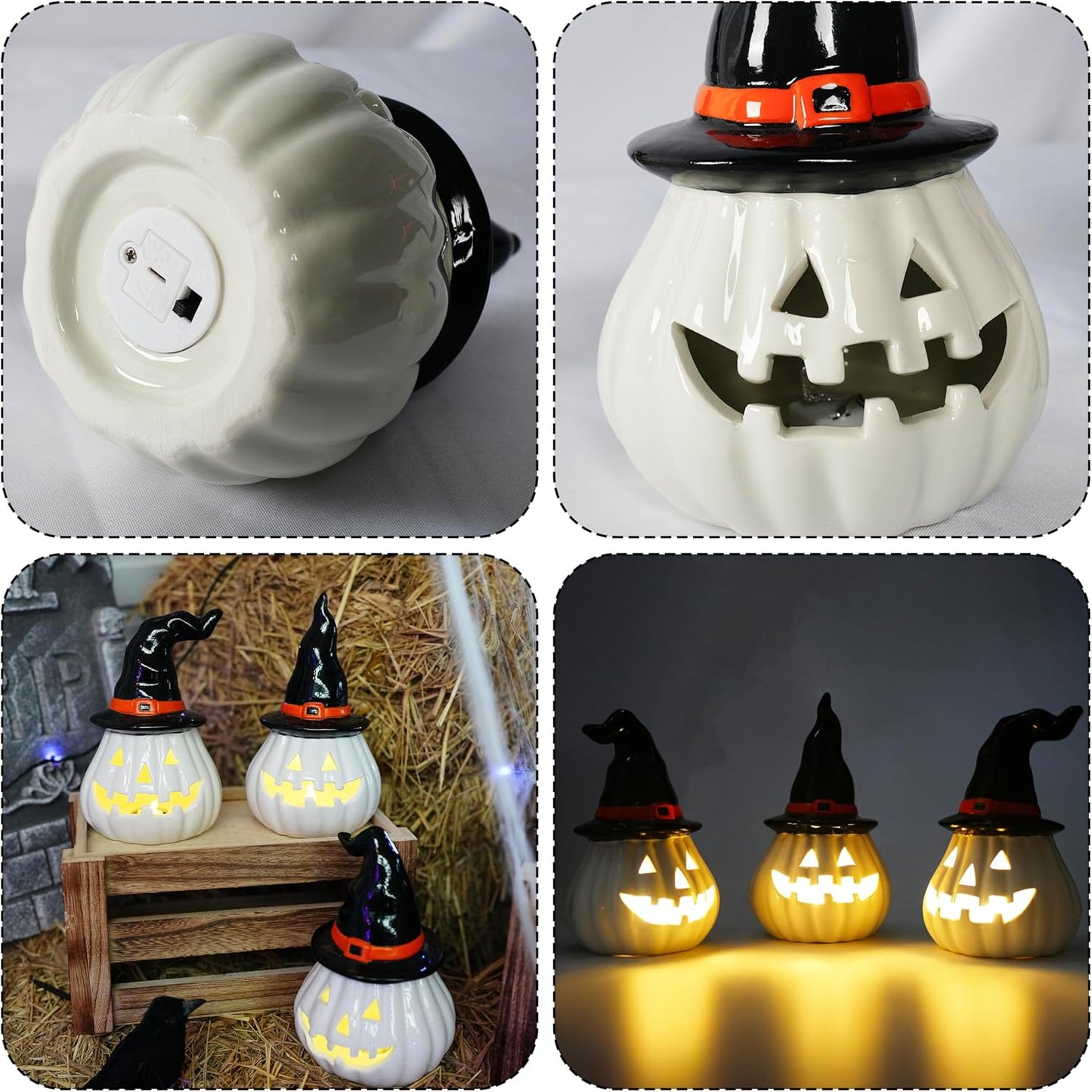 NEROSUN 3 Pack Halloween Light Up Pumpkin Decorations, Ceramic Battery Operated Lighted Jack O Lantern Figurines, Spooky Halloween Ornaments for Indoor Home Fireplace Tabletop Centerpieces