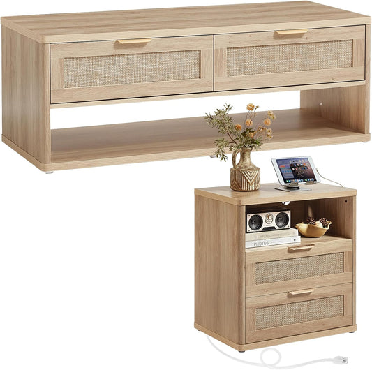 LEYAOYAO Boho Rattan Coffee Table and End Table Sets, 48" Wide Center Tables & 23" Night Stand with Charging Station Chest of Drawers, Natural Wood Coffee Table for Living Room 2 Piece Set