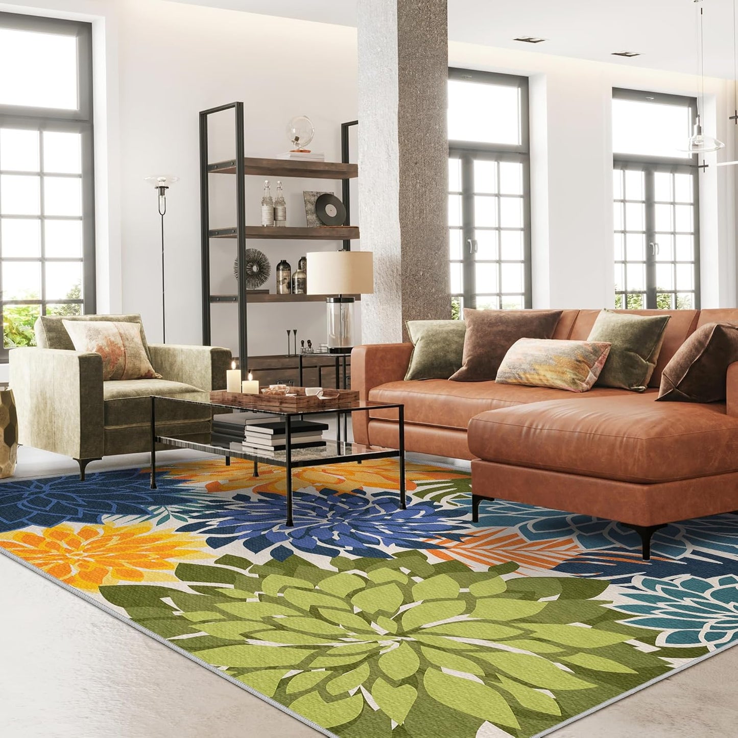 Indoor Outdoor Area Rug Washable Multicolored Patio Rug Tropical Botanical Modern Floral Indoor Outdoor Carpet Non Slip Yellow Green Rug Non Shedding for Patio, Deck, Backyard, Porch (5x8)