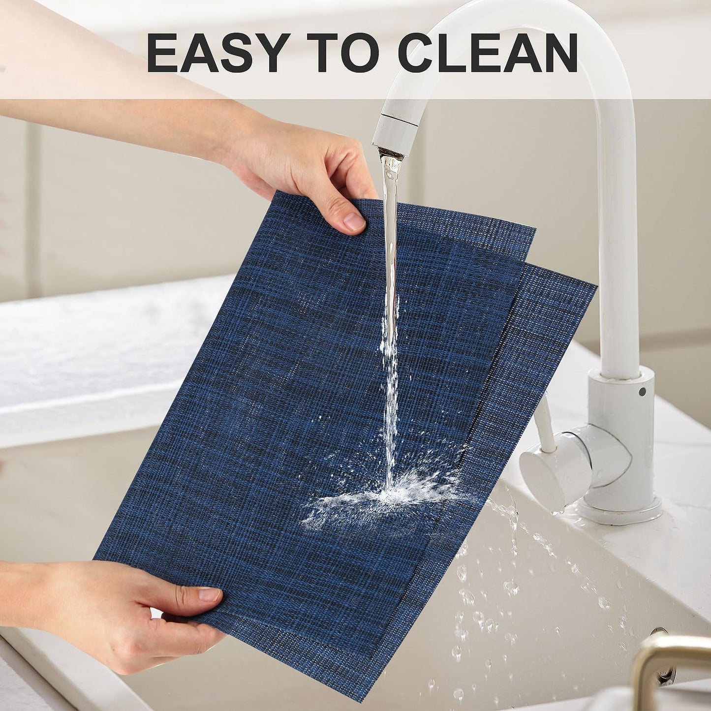 Vinyl Placemats Set of 4, PVC Woven Washable Non-Slip Table Mats, Heat Resistant Wrinkle Free Place Mats for Dining Table, Easy to Clean (4, Navy Blue)