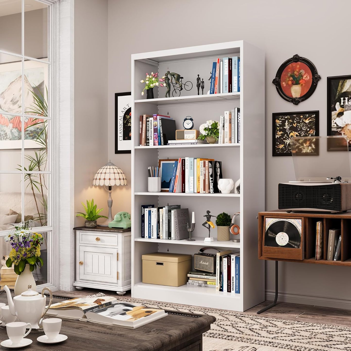 Metal Bookcase, 14" Deep Bookshelf, 66" Tall Bookcases with Adjustable Shelves, 5 Shelf Bookcase, Industrial Bookshelves and Bookcases for Living Room, Office, Library. White Book Shelf.